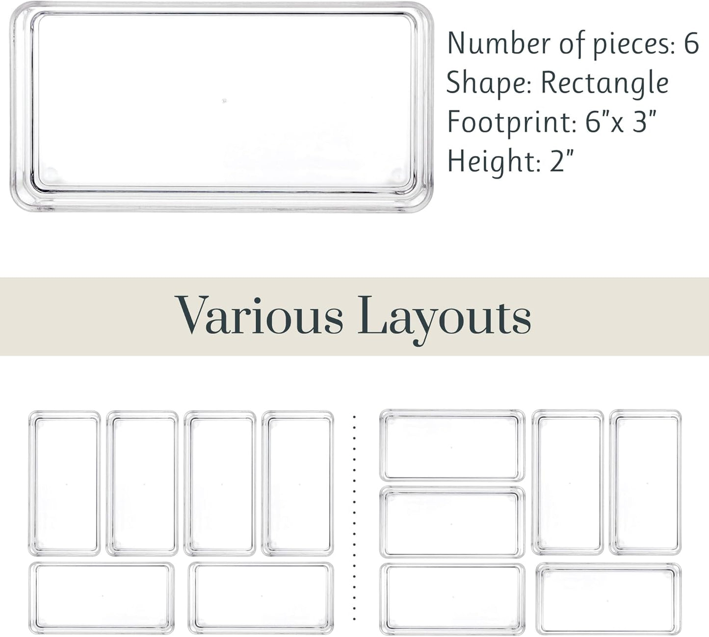 STORi SimpleSort 6-Piece Stackable Clear Drawer Organizer Set | 6" x 3" x 2" Rectangle Trays | Small Makeup Vanity Storage Bins and Office Desk Drawer Dividers | Made in USA