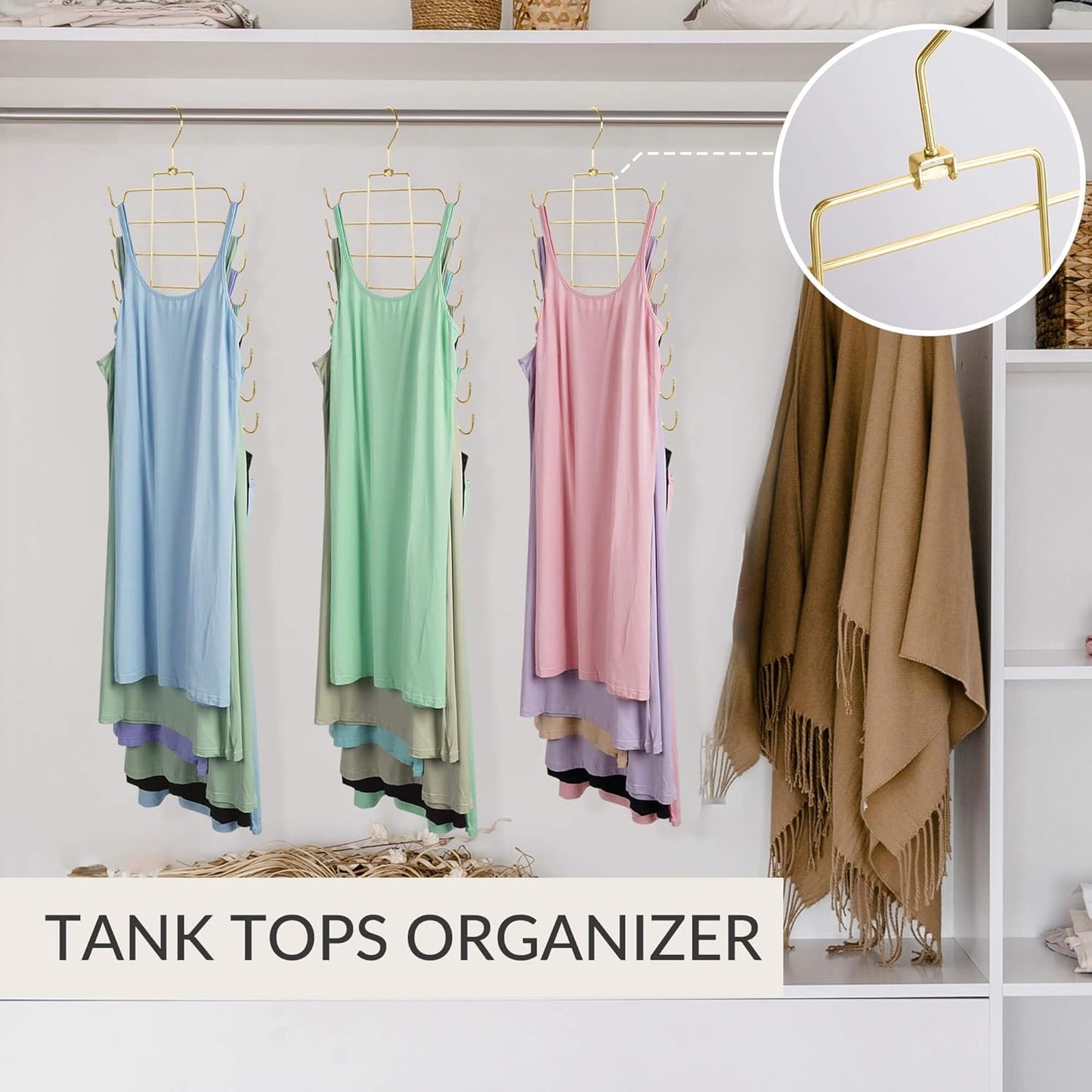 ZEDODIER 4 Pack Tank Top Hanger Space Saving, Bra Hangers for Closet Organizer, Hanging Bra Organizer Tank Tops Holder with 32 Hooks, Metal Closet Organizers and Storage Small Space Solutions, Gold