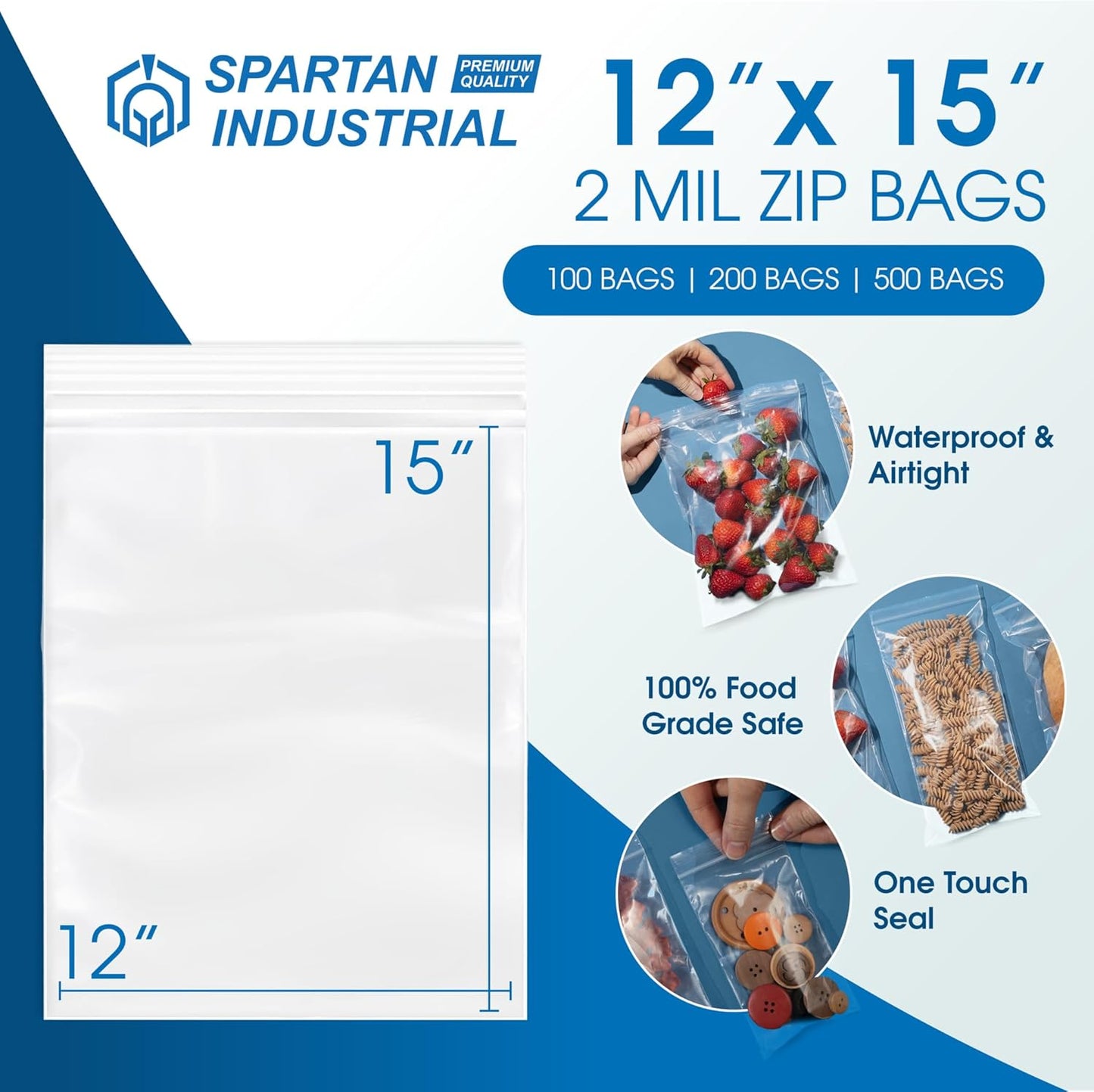 Spartan Industrial - 12” X 15” (500 Count) 2 Mil Clear Reclosable Zip Plastic Poly Bags with Resealable Lock Seal Zipper