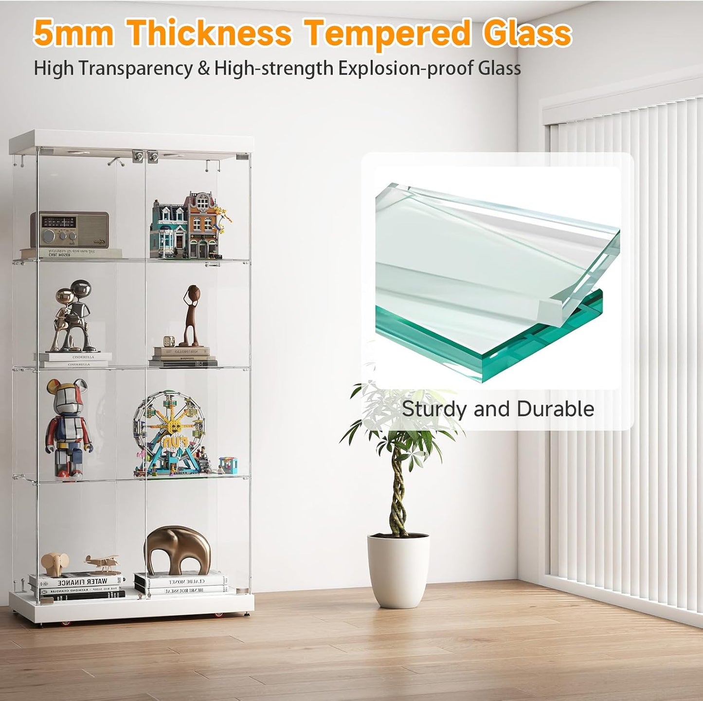Tempered Glass Display Cabinet with Lights, 4-Tier Curio Cabinet with Glass Doors Wheels Two Locks, Glass Display Case for Collectibles for Living Room, Bedroom, Office, White, Double Door