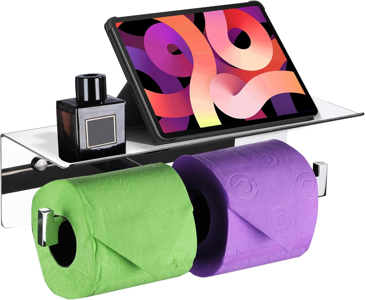 LANC Double Roll Tissue Holder with Shelf, Chrome Silver Commercial Toilet Paper Dispenser with Phone Shelf for Bathroom Wall Mounted or 3M Self-Adhesive Stainless Steel, A8377CP