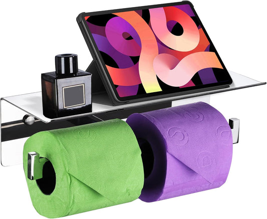 LANC Double Roll Tissue Holder with Shelf, Chrome Silver Commercial Toilet Paper Dispenser with Phone Shelf for Bathroom Wall Mounted or 3M Self-Adhesive Stainless Steel, A8377CP