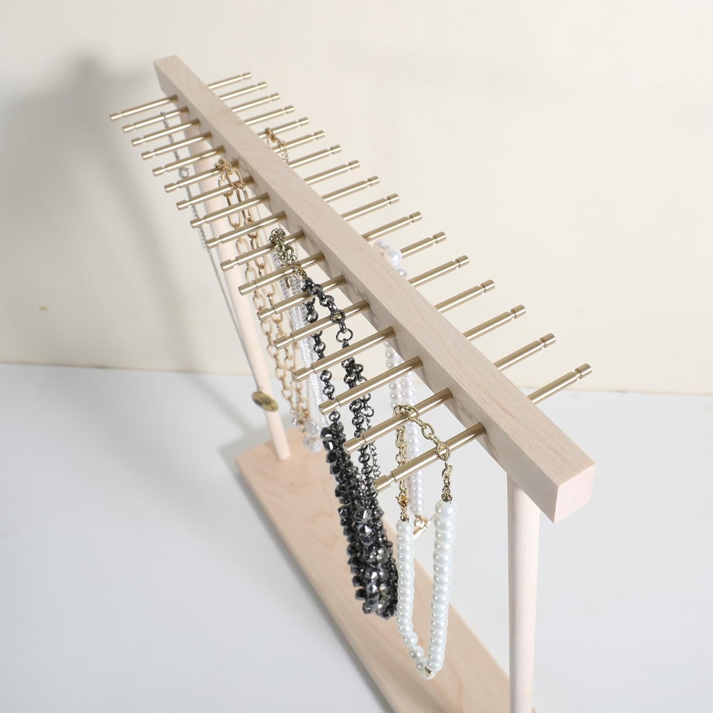 GemeShou Large necklace hanger shelf with 17 copper bars, Wooden jewelry storage organizer rack for hanger necklace bracelet, necklace display stand for boutique store【Marple】
