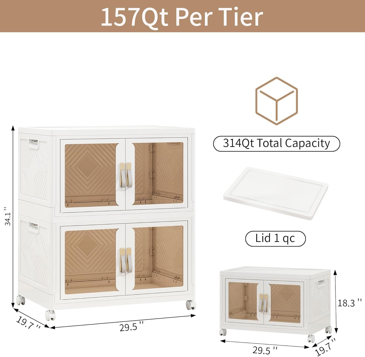 Large Clear Stackable Storage Bins with Lids, Foldable Storage Cabinet for Closet Organizers and Storage, Plastic Storage Box with Wheels 314 QT