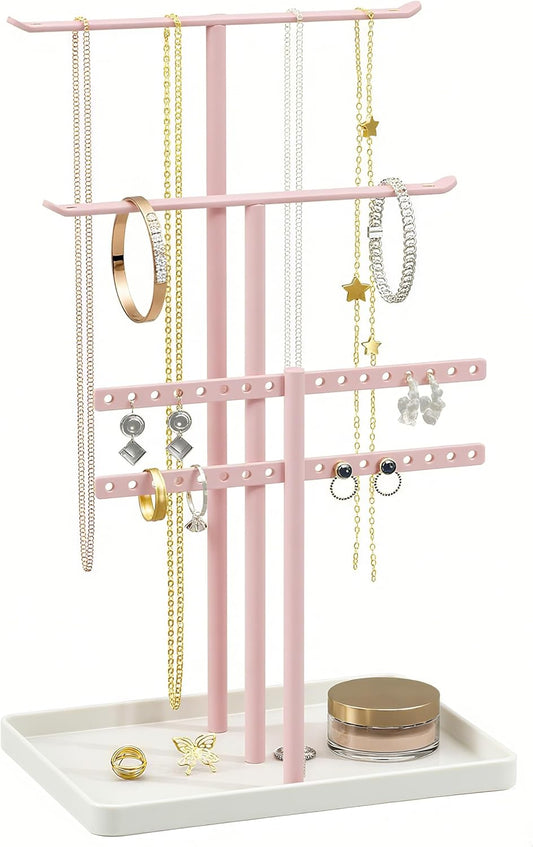 pickpiff Jewelry Stand Holder Organizer: 14.5" Sturdy Hanger for 80 Pcs Jewelry, Pink Jewlery Tower for Display Necklace, Earring, Bracelet, Watch