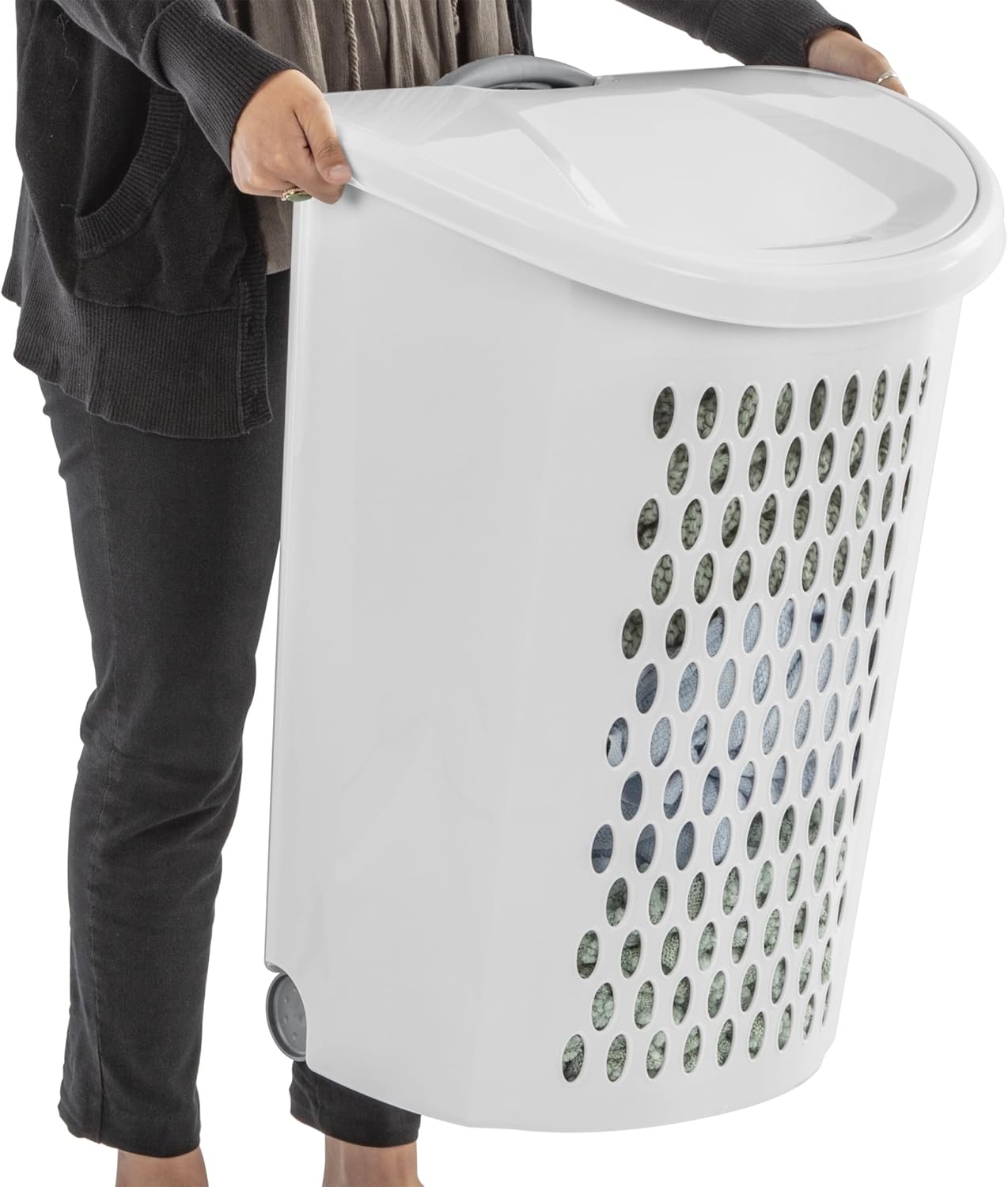 White Rolling Laundry Hamper with Wheels, 2-Bushel Large Capacity Ventilated Plastic Hamper with Lid & Retractable Handle, Portable Laundry Basket for Dorms, Apartments and Bedrooms