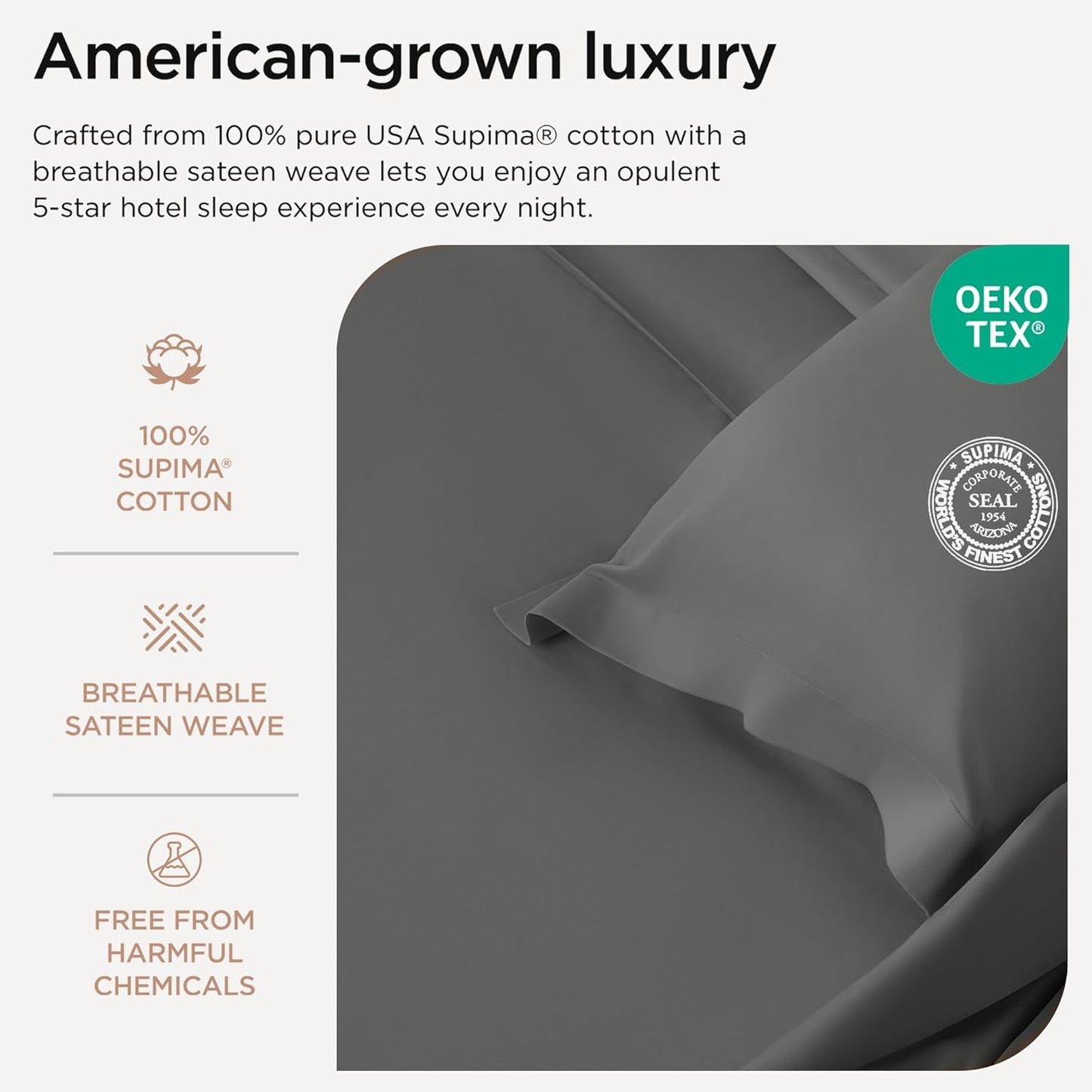 Threadmill Luxury Full Size Sheets | 656 Thread Count Certified Supima Cotton Sheets for Full Size Mattress | 5-Star Hotel Quality 4 Piece Bed Sheets with Extra Deep Pocket |Dark Grey Sheet