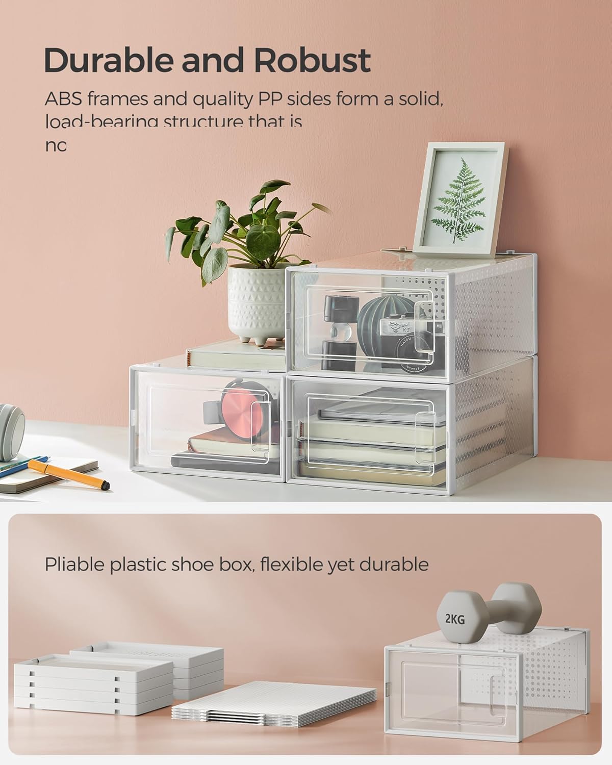 SONGMICS Shoe Boxes, Pack of 18 Shoe Storage Organizers, Stackable Clear Plastic Boxes for Closet, Sneakers, 13.1 x 9.1 x 5.6 Inches, Transparent and White ULSP18SWT