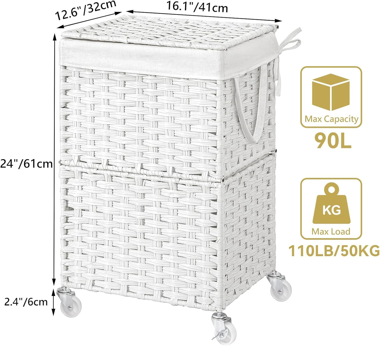 Chrislley 90L Slim Laundry Hamper with Wheels, Rolling Laundry Basket with Lid and Renovable Liner Bag, Handwoven Rattan Organizer for bedroom, bathroom, laundry room (White)