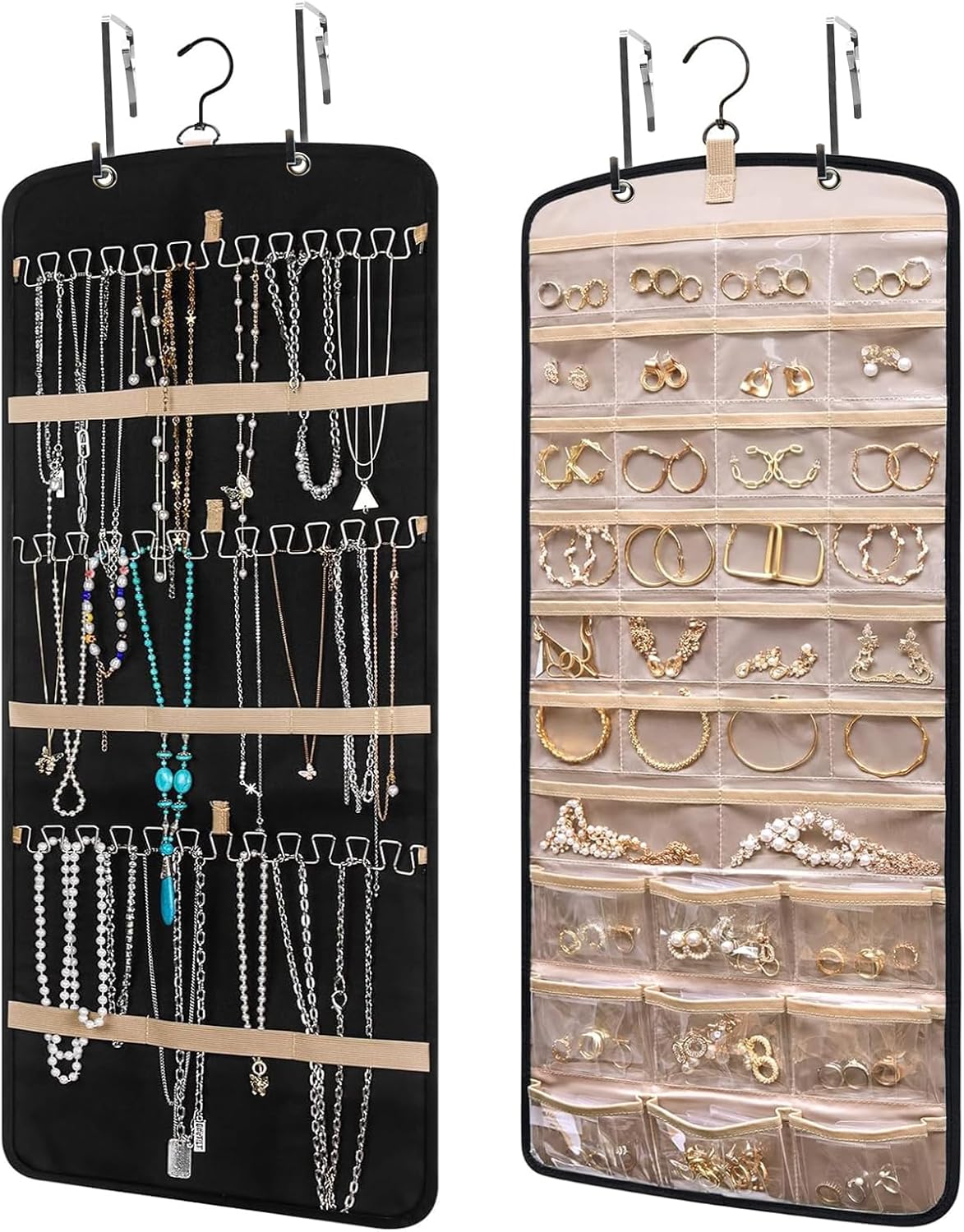 Wome Over the Door Jewelry Organizer Hanging: Double-Sided Storage with 28 Small 2 Large 9 Medium Pockets for Earrings Necklaces Rings Durable Polyester for Door or Closet or Wall or Glass (Black)