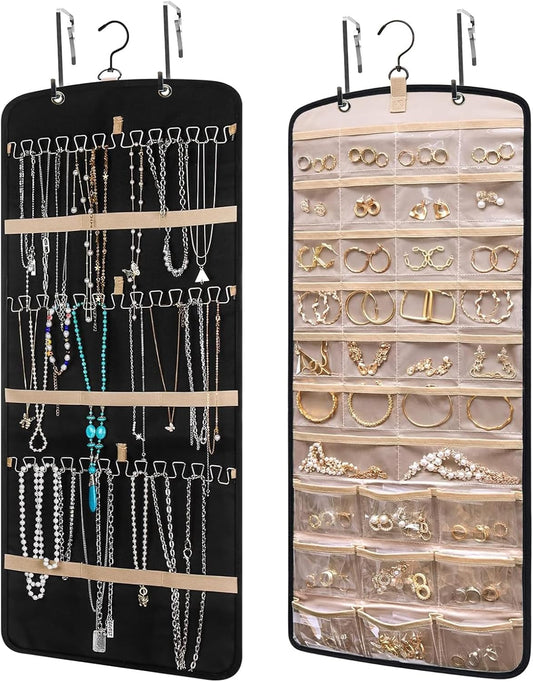 Wome Over the Door Jewelry Organizer Hanging: Double-Sided Storage with 28 Small 2 Large 9 Medium Pockets for Earrings Necklaces Rings Durable Polyester for Door or Closet or Wall or Glass (Black)