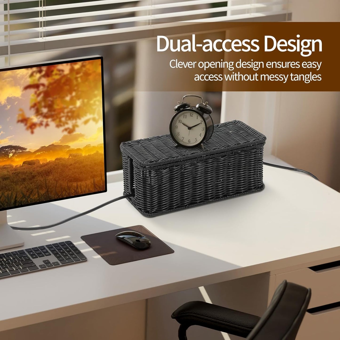 Delamu Handmade Rattan Small Cable Management Box, Cord Organizer with 2 Open Slots, Desk Cord Hider Box for Computer Router USB Hub Power Strip, 12.5" Lx 5.1" Wx 5.1" H, Black