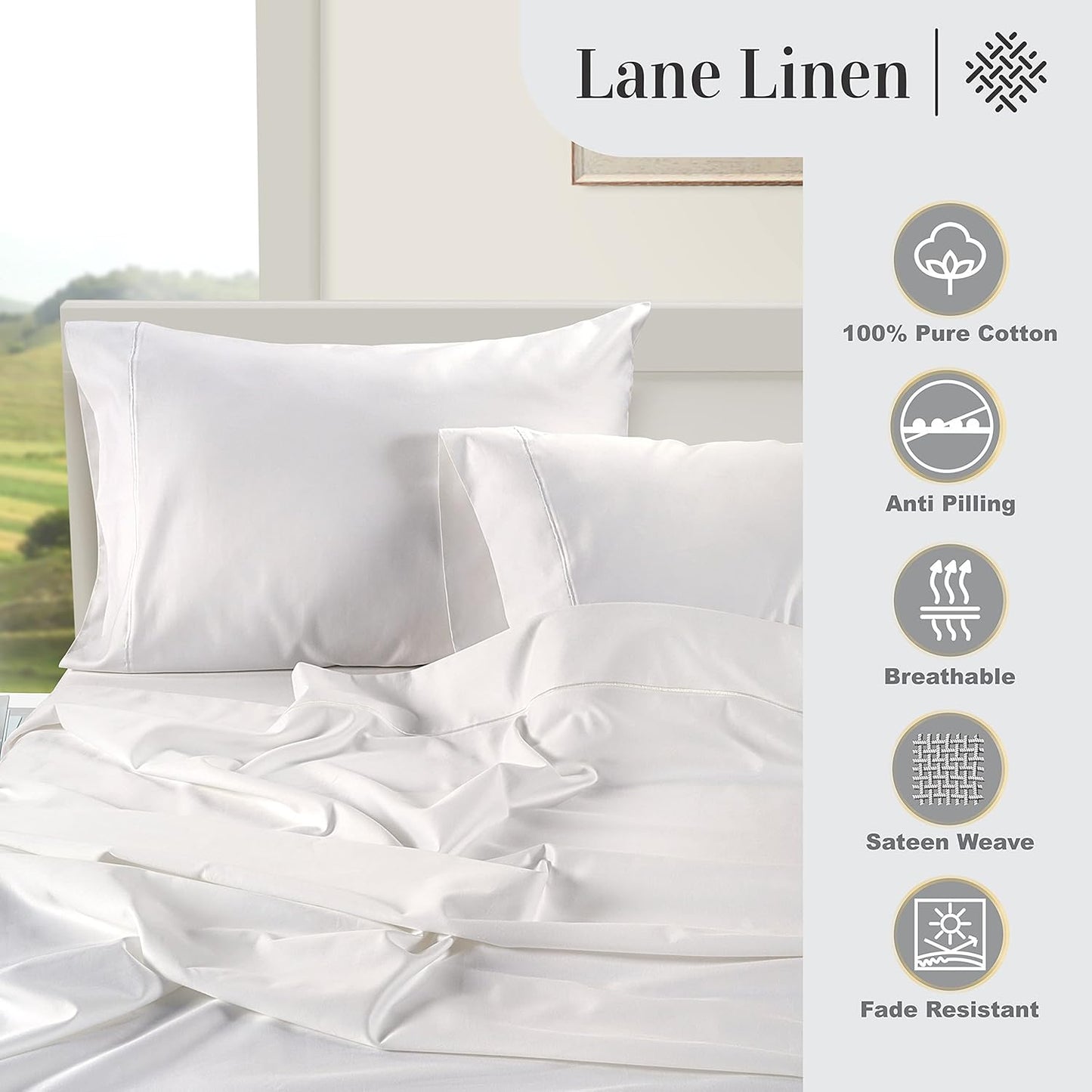 LANE LINEN King Size Pillow Case Set of 2 100% Egyptian Cotton Cases 1000 Thread Count Sateen White Cooling Cover - Perfect for Home Hotels & Hospital Use