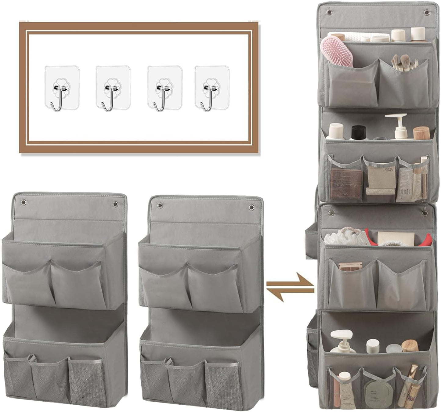 Wall Hanging Organizer – Over The Door Storage & Behind Door Organizer for Dormitory, Bathroom, Bedroom, Kitchen, Nursery, Space-Saving (Grey, 2 Pack)