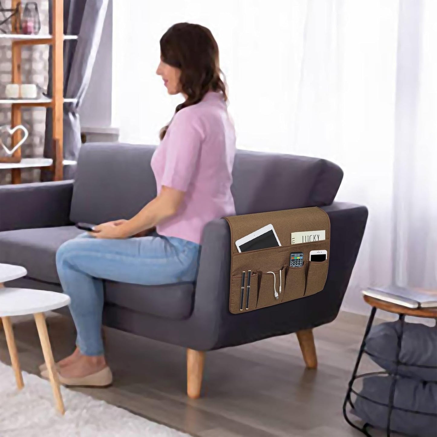 NB Sofa Armrest Organize remote holder bedside caddy organizer with 5 pockets，non-slip couch remote control holder couch armchair caddy accessories (Flaxen, 35''x18'')