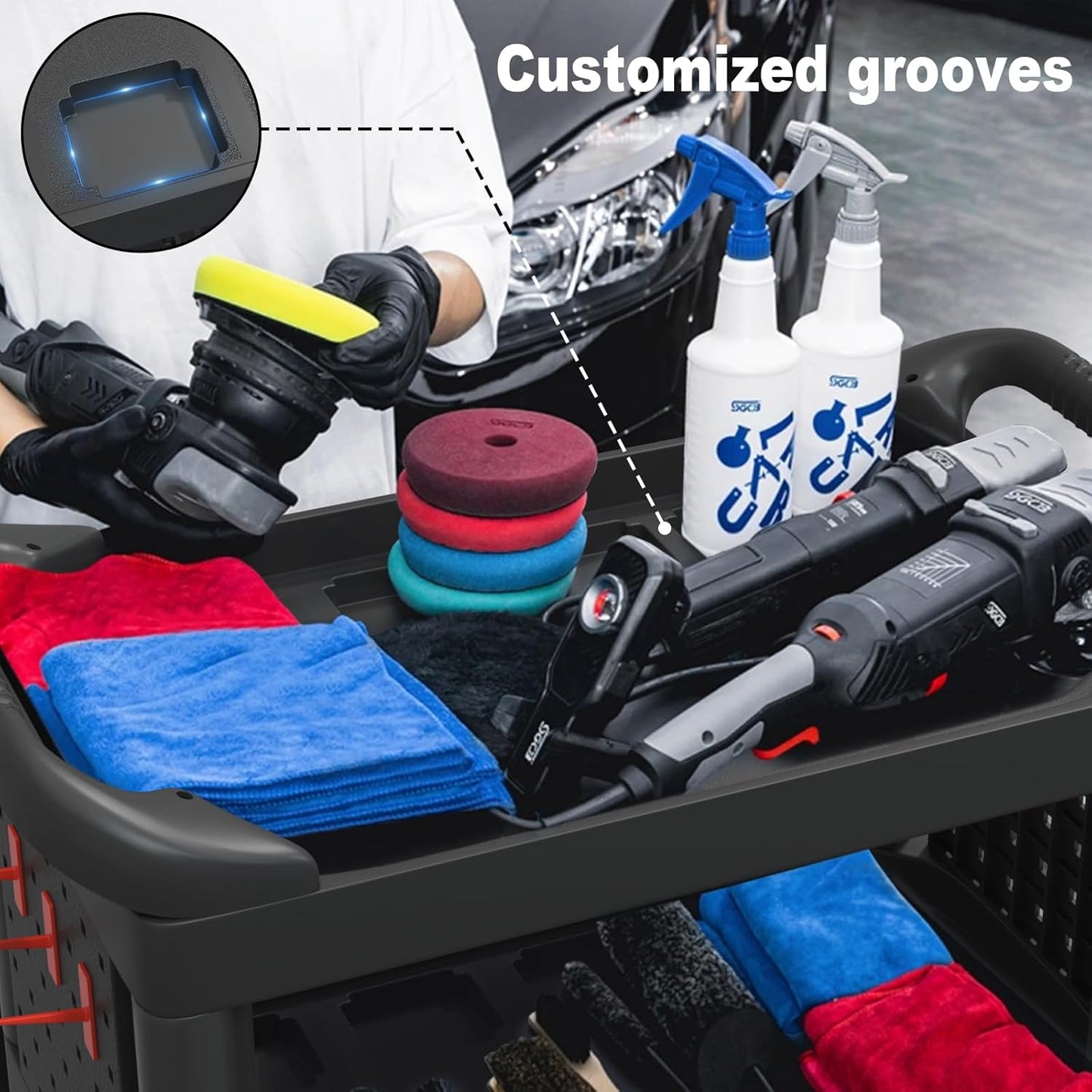 3 Tier Car Detailing Cart, Auto Detail Trolley with Wheels, Side Hanging Plate & Hooks, Detailing Tool Organizer for Mechanics & Detailers (Black)