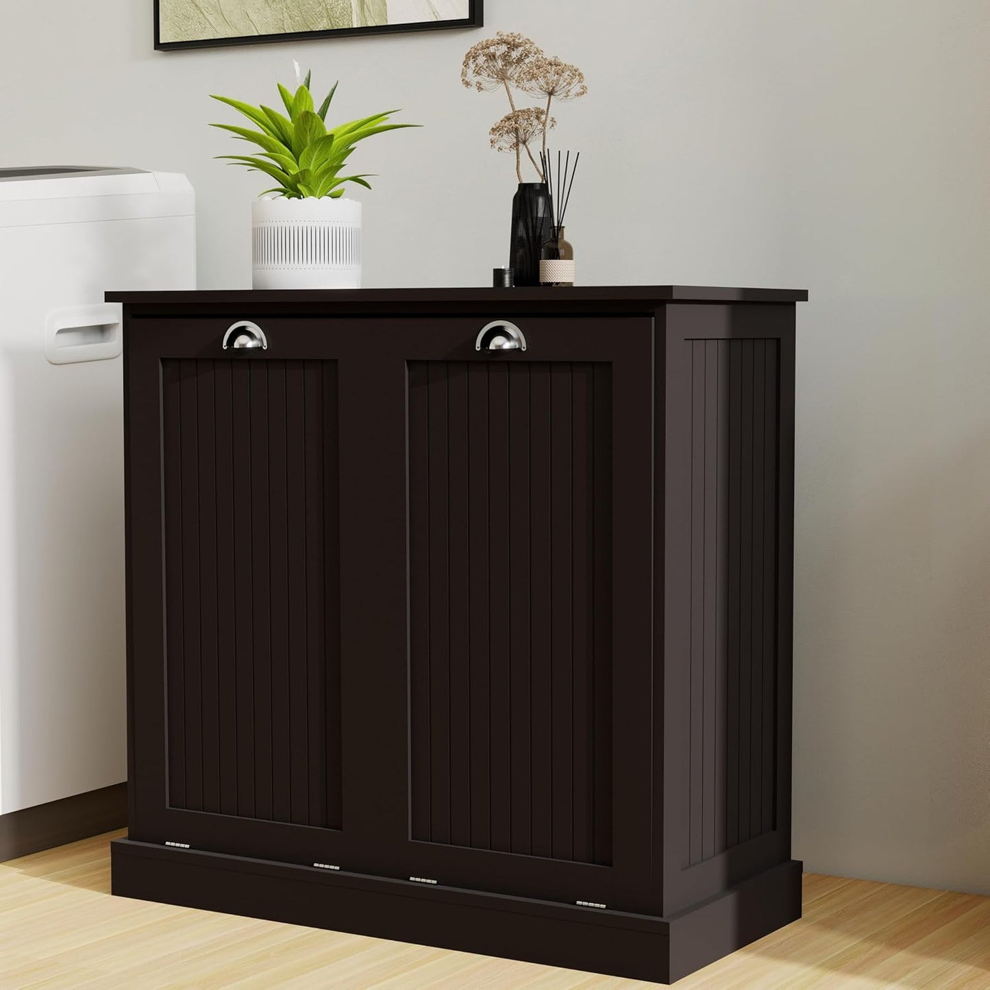 KEIKI Tilt-Out Laundry Sorter Cabinet with 2 Compartments, Pull Out Laundry Hamper Station with Storage for Laundry Organizers and Storage, Black
