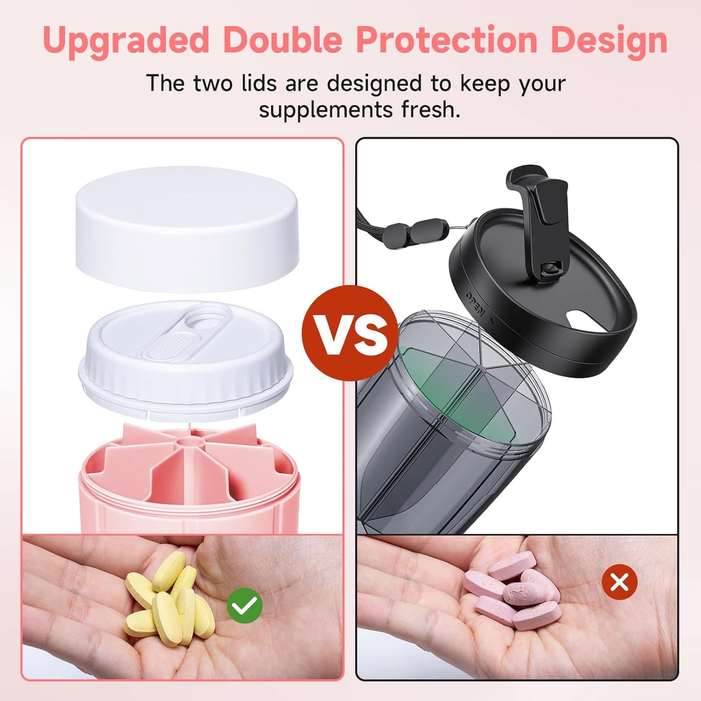 Daviky Pill Bottle Organizer, Supplement Organizer with 7 Large Compartments, Travel Pill Dispenser Round Pill Box with Two Lids（Pink+White）