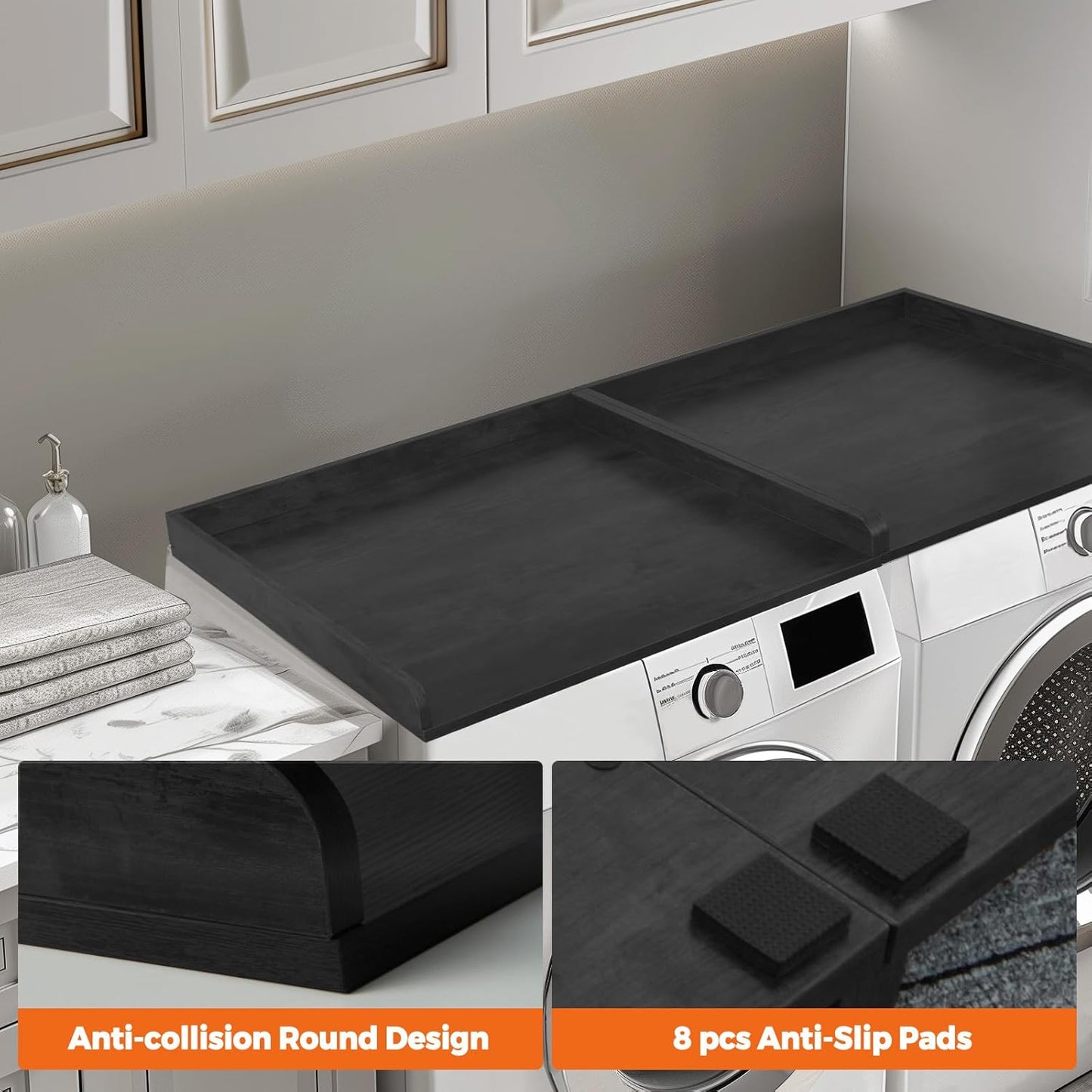 Washer Dryer Countertop, Wooden Laundry Countertop Set of 2 Dryer Storage Shelf for Laundry Room Organization (27.5" x 54") (Black)