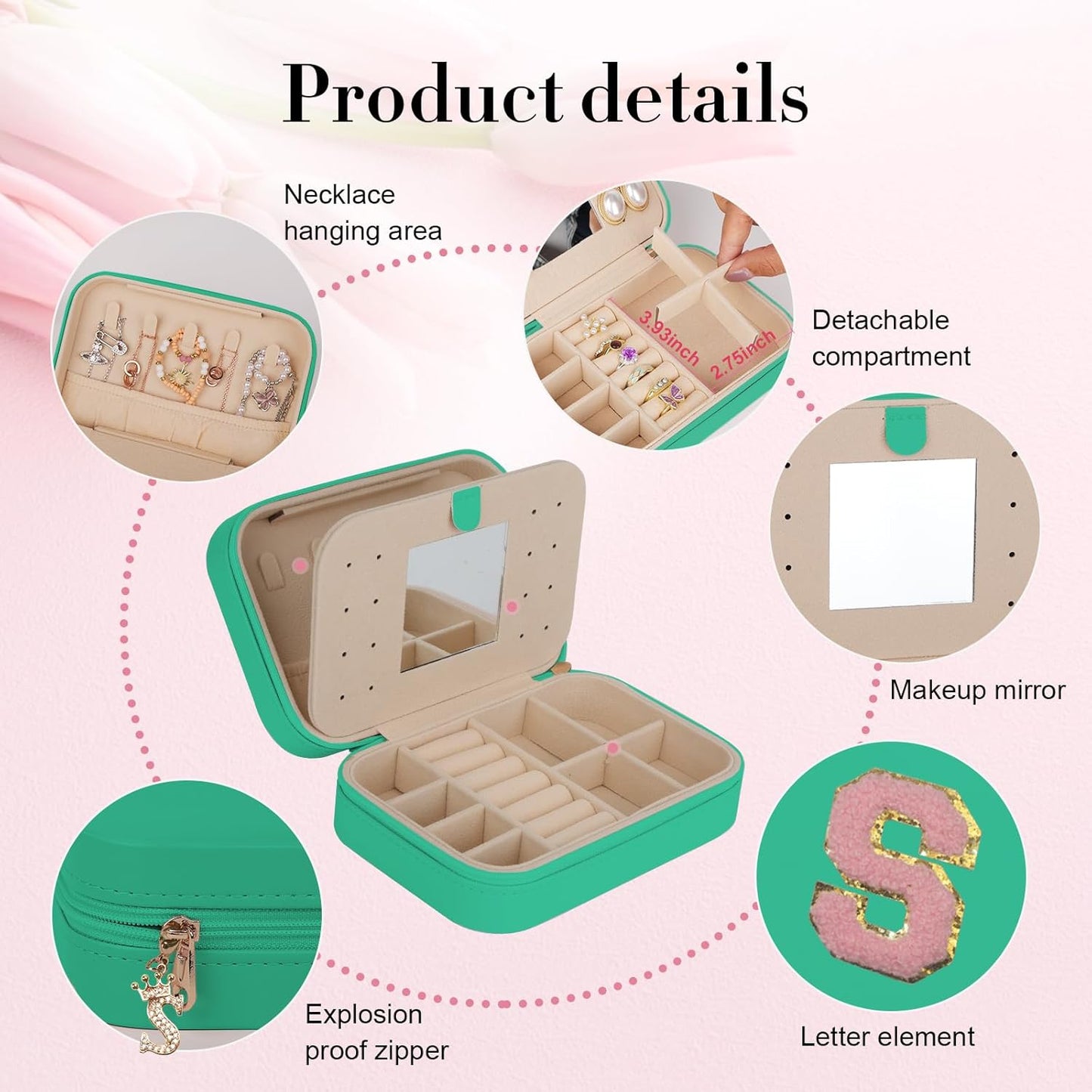 TopPerfekt Travel Jewelry Case, Jewelry Box with Mirror, Jewelry Organizer Bridal Shower Gifts to Her, Earring Storage Travel Case, Trendy Gift for Women and Girls, Girlfriend-Letter S, Green