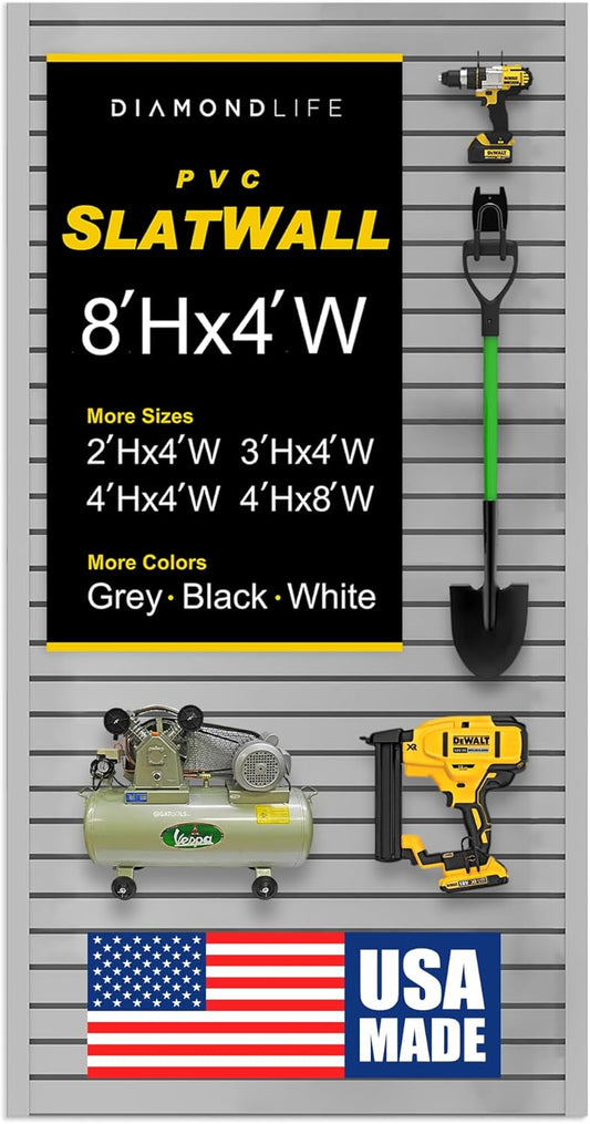 DLDIRECT 96" X 48" - Grey Slatwall Panel Garage Organizer: Heavy Duty Wall Mounted PVC Rack, Interlocking Slat Paneling for Garage Storage, Slotwall Board, Shelves System