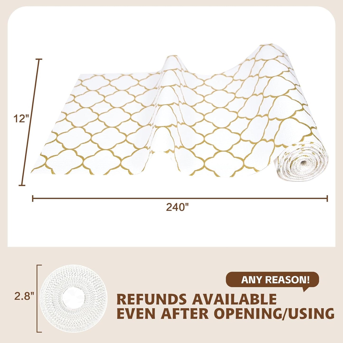 Shelf Liners for Kitchen Cabinets 12in x 20FT Non Adhesive Drawer Liner Gold Quatrefoil Thickened Shelf Liner Paper Strong Non-Slip Easy to Clean for Tool Box Refrigerator with Knife and Tape Measure