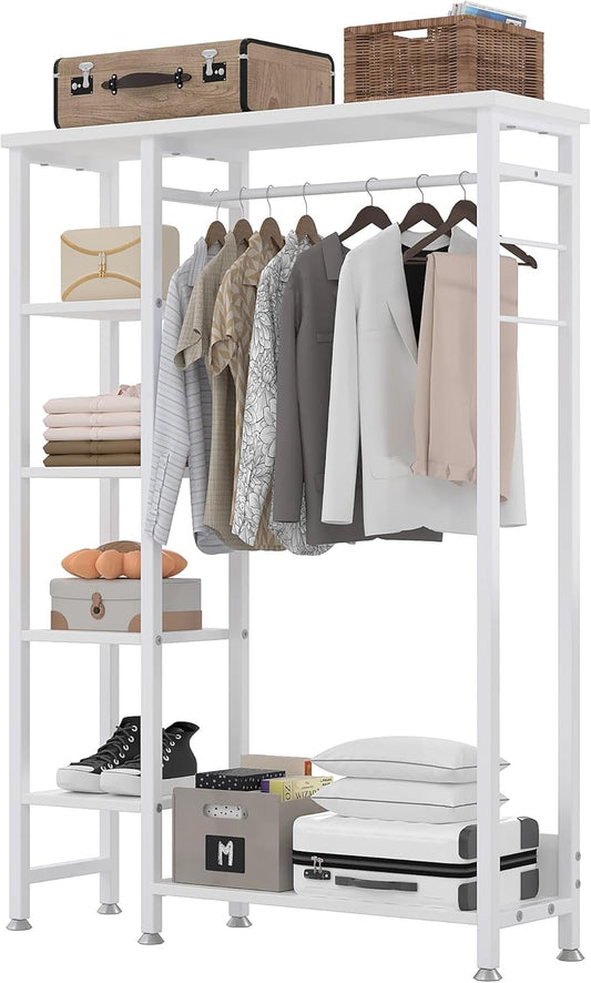 VECELO Open Garment Clothing Rack, Free-Standing Heavy Duty Storage Closet with 5 Shelves and Hanging Rod for Small Spaces, Max Load 350LBS, White