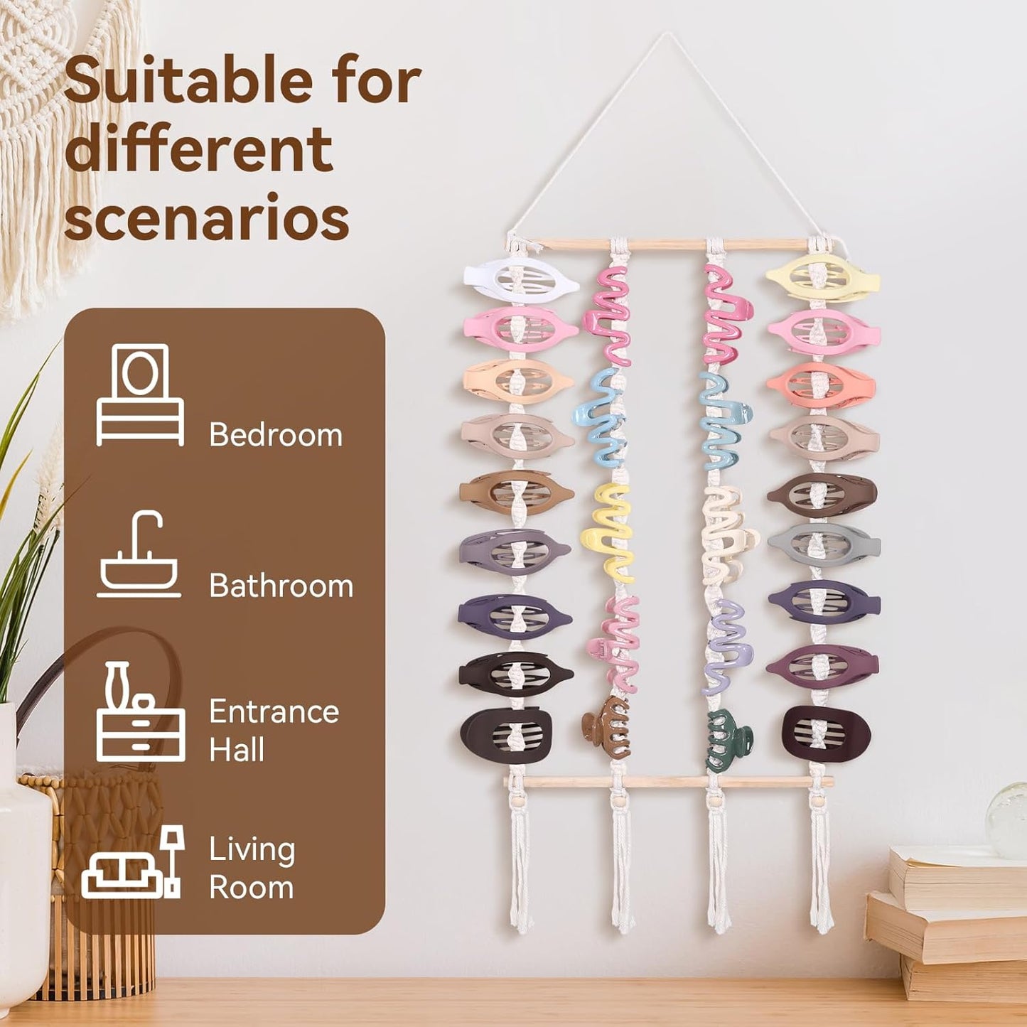 SNOWSTAR Macrame Flat Hair Claw Clip Organizer,Hanging Hair Clip Holder and Storage for Women Girls,Flat Hair Accessorie Hanger Home Decor for Wall,Door,Closet