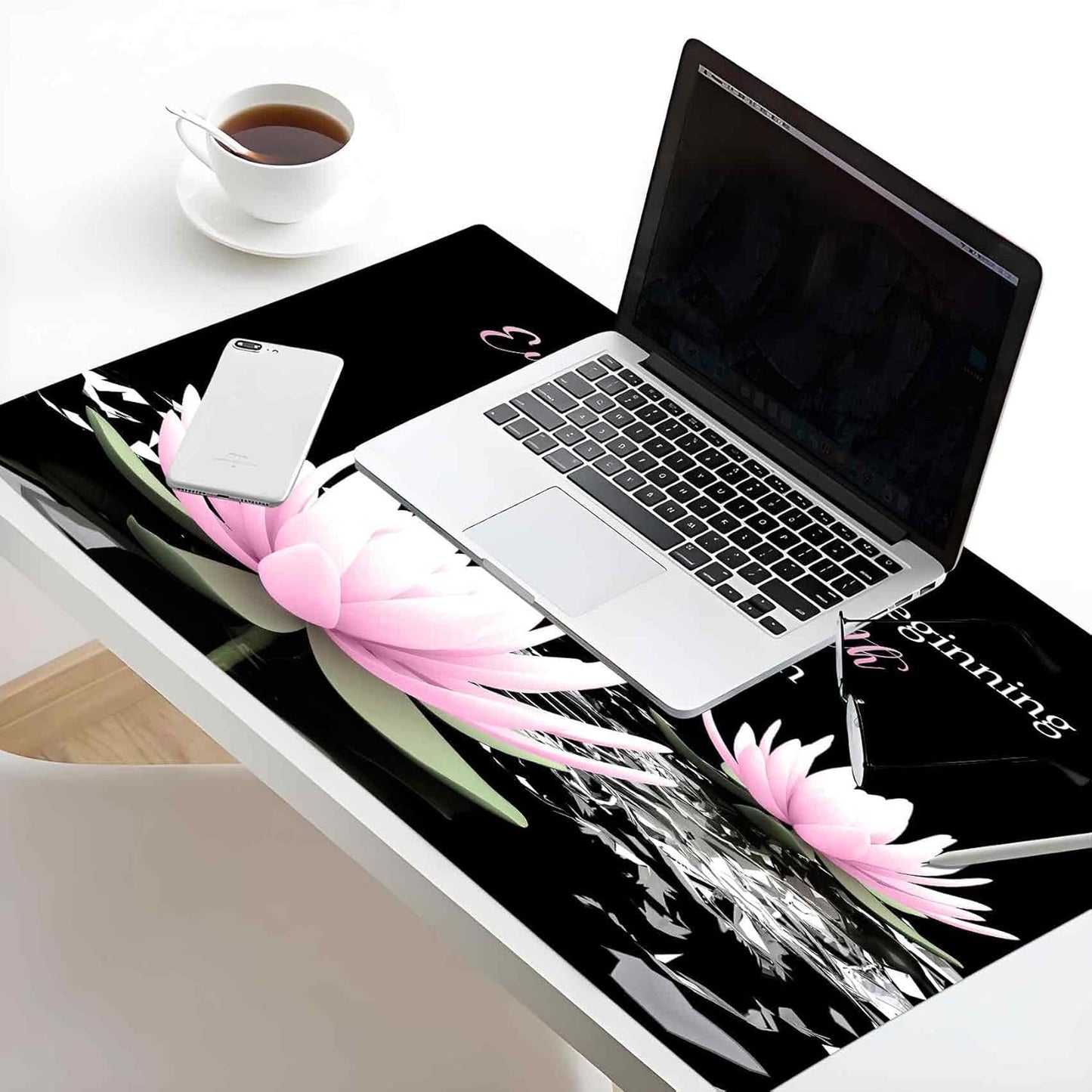 LB Pink Water Lily Flower Inspirational Large Mouse Pad with Motivational Quotes, Non-Slip Rubber Base Black White Aesthetic Desk Pad for Home, Office, Gaming Mouse Mat, 15.75" x 31.5"