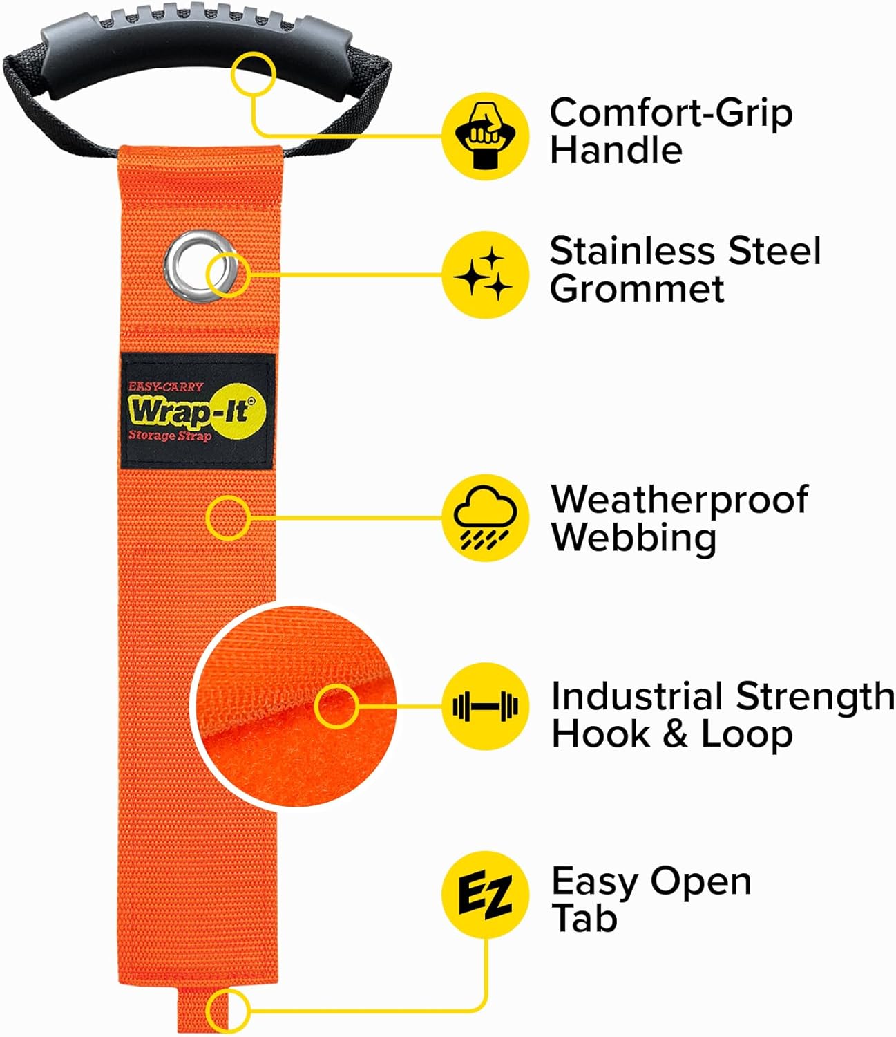 Easy-Carry Wrap-It Storage Straps - 28” (2-Pack) Blaze Orange with Grommet - Heavy Duty Wrap It Storage Straps and Extension Cord Wrap for Water Hose Storage