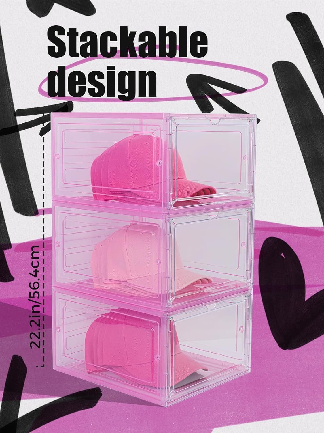 6 Pack Hat Organizer Box, Stackable Clear Baseball Caps Holder Box Containers with Magnetic Door for Hats Snapback Cap Storag, Hat Rack Display Case, Holds 8 Hats Each (Pink)
