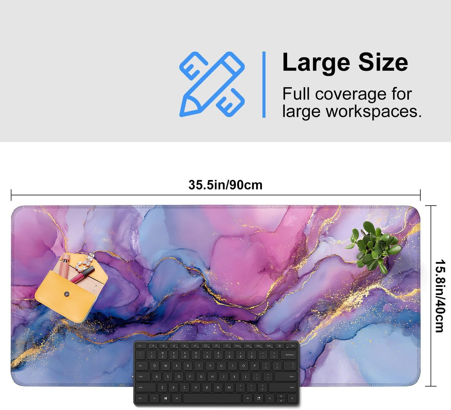 Purple Marble Ink Mouse Pad – Large Extended Desk Mat 35.43 x 15.75 in – Alcohol Ink Watercolor with Gold Vein Design, Non-Slip Base, Waterproof Surface, Aesthetic Keyboard & Mouse Pad
