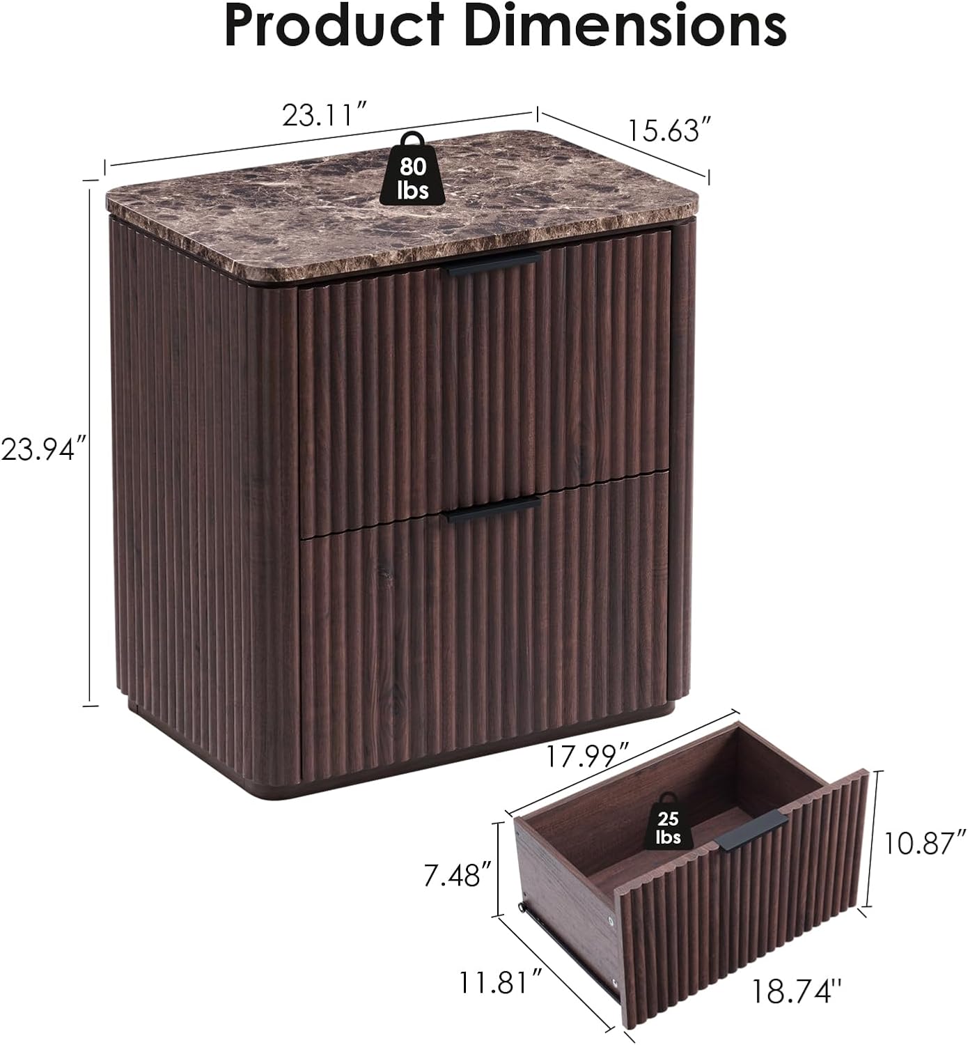 Fluted Nightstand Set of 2, Bedside Table with 2 Drawers, Engineered Wood End Table with Faux Marble-Top, Curved Corners, Metal Handle, Modern Night Stand for Bedroom, Small Spaces, Dark Oak