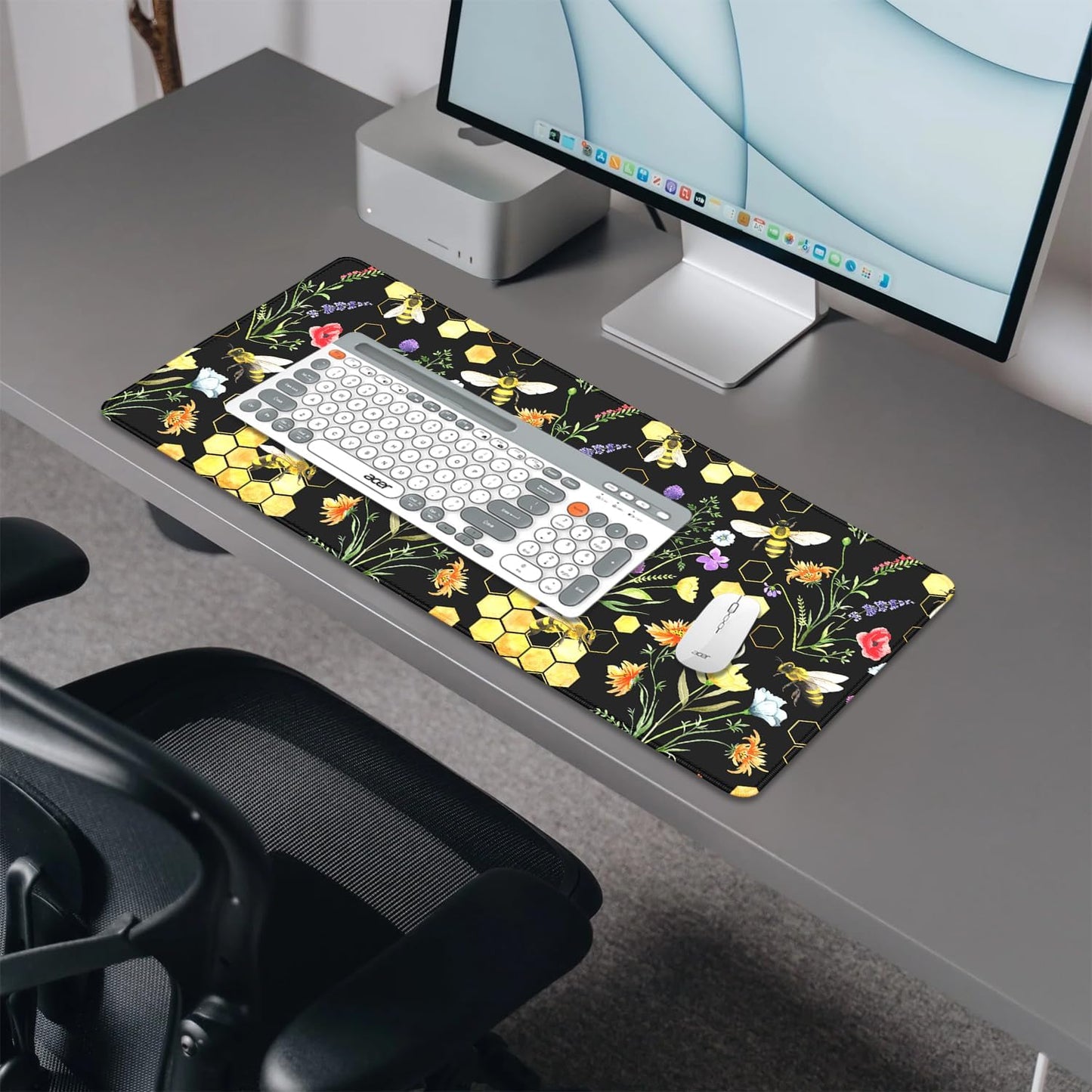 Bees and Honeycombs Mouse Pad,XL Large Wildflowers Mousepad Desk Pad with Stitched Edges,Non-Slip Waterproof Rubber Base Mouse Mat Desk Mat for Office Computer Keyboard Laptop Home(27.5x11.8 in)