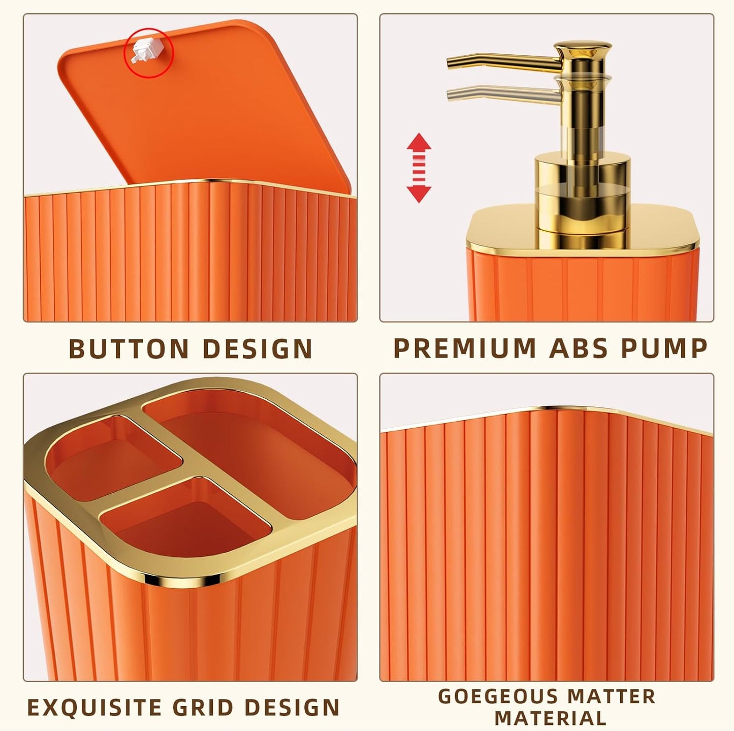 Bathroom Accessories Set - Gorgeous Bathroom Set, 10PC Orange Bathroom Accessory Set, Orange Bathroom Sets, Toilet Brush, Trash Can & Soap Dispenser