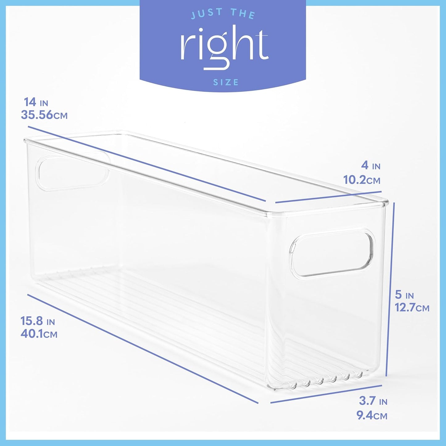 primebox Plastic Food Storage 2 Pack Clear Container Bin with Handles for Organizing Kitchen, Pantry, Refrigerator, Freezer, Pantry, Cabinet, Closet, Bathroom. 14”x4”x5”