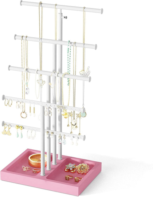 Love-KANKEI Jewelry Organizer Stand, 5 Tier Large Necklace Holder with Wood Base, Jewelry holder stand Tree for Display, Bracelets Earrings Rings, Height Adjustable Gift Pink and White