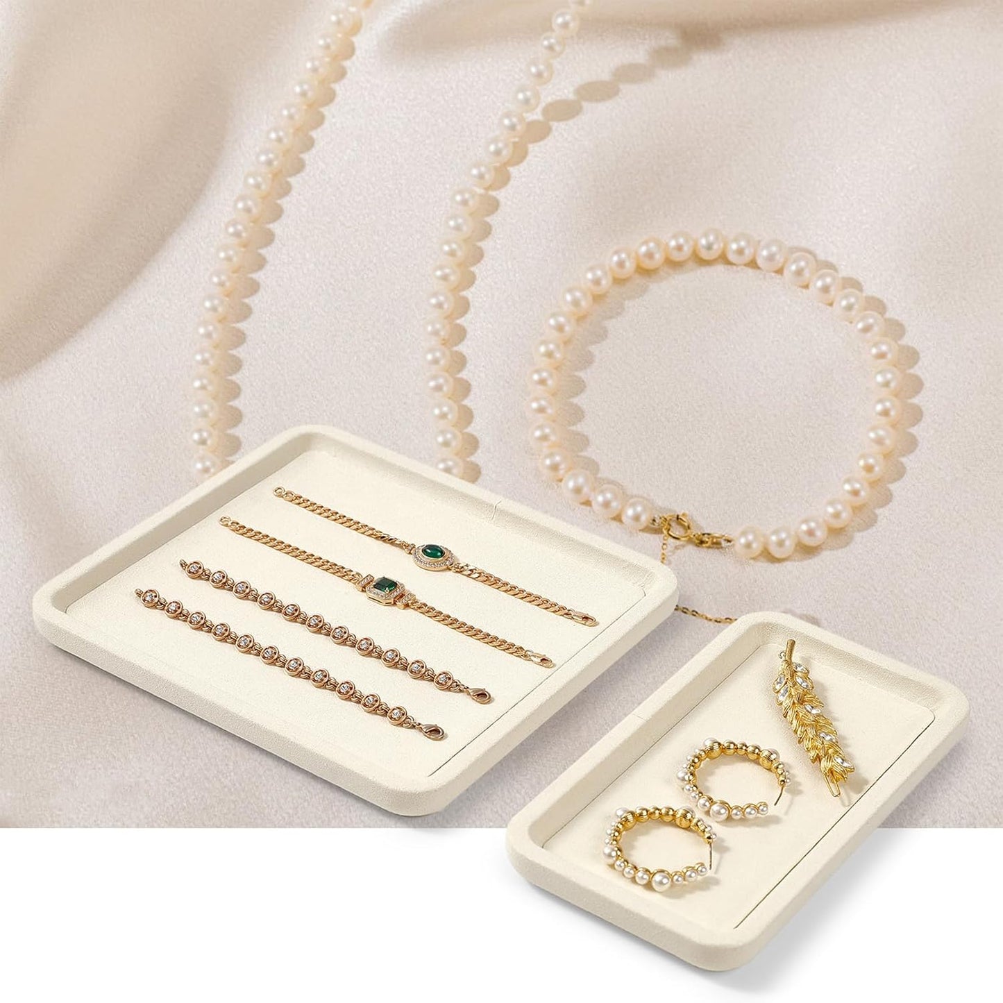 Microfiber Jewelry Display Flat Tray for Rings Earrings Necklace Bracelet, Jewelry Photograph Display Catchall Organizer Tray Dish(S,Beige)