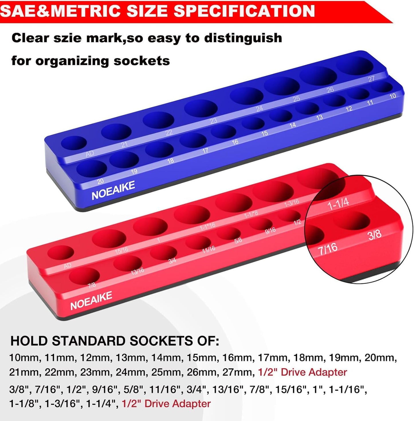 1/2 Inch Magnetic Socket Organizer,2-Pack Metric &SAE Sockets Holder Set 1/2" Drive Socket Trays, Holds 35 Pcs Standard Sockets(Socket not Included)
