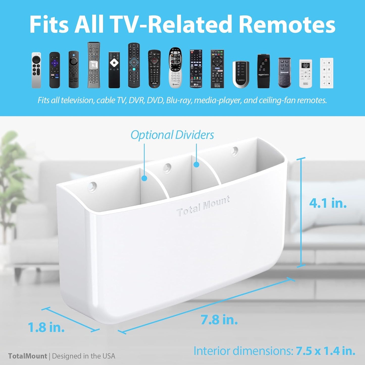 TotalMount Hole-Free Remote Holder – Eliminates Need to Drill Holes in Your Wall (Premium White Holder for 3 or 4 Remotes)