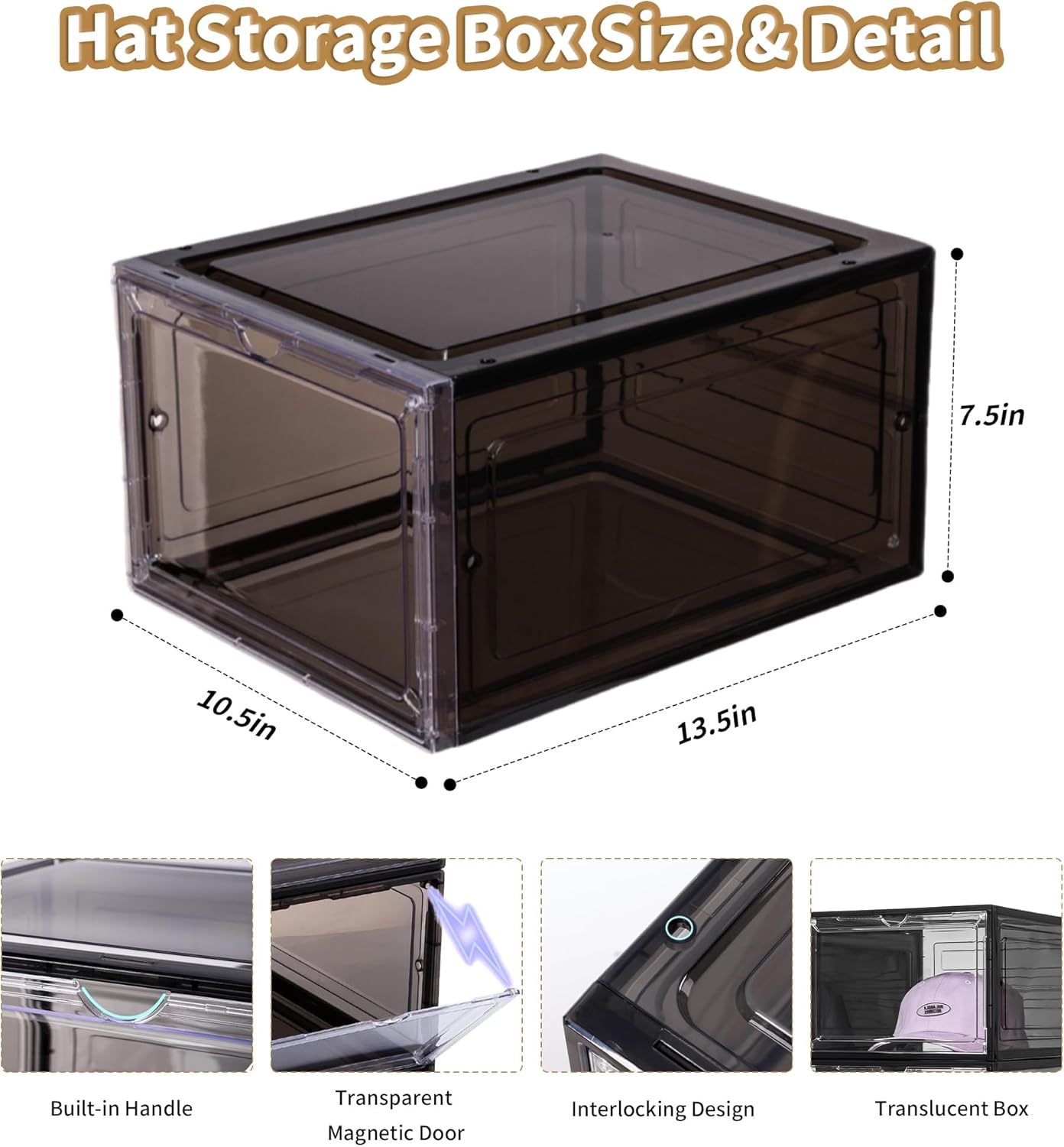 Attelite Upgrade Harder Solid Plastic Hat Organizer for Baseball Caps, 8 Pack Stackable Hat Storage Box with Clear Magnetic Door, Hat Rack(XL-Clear)