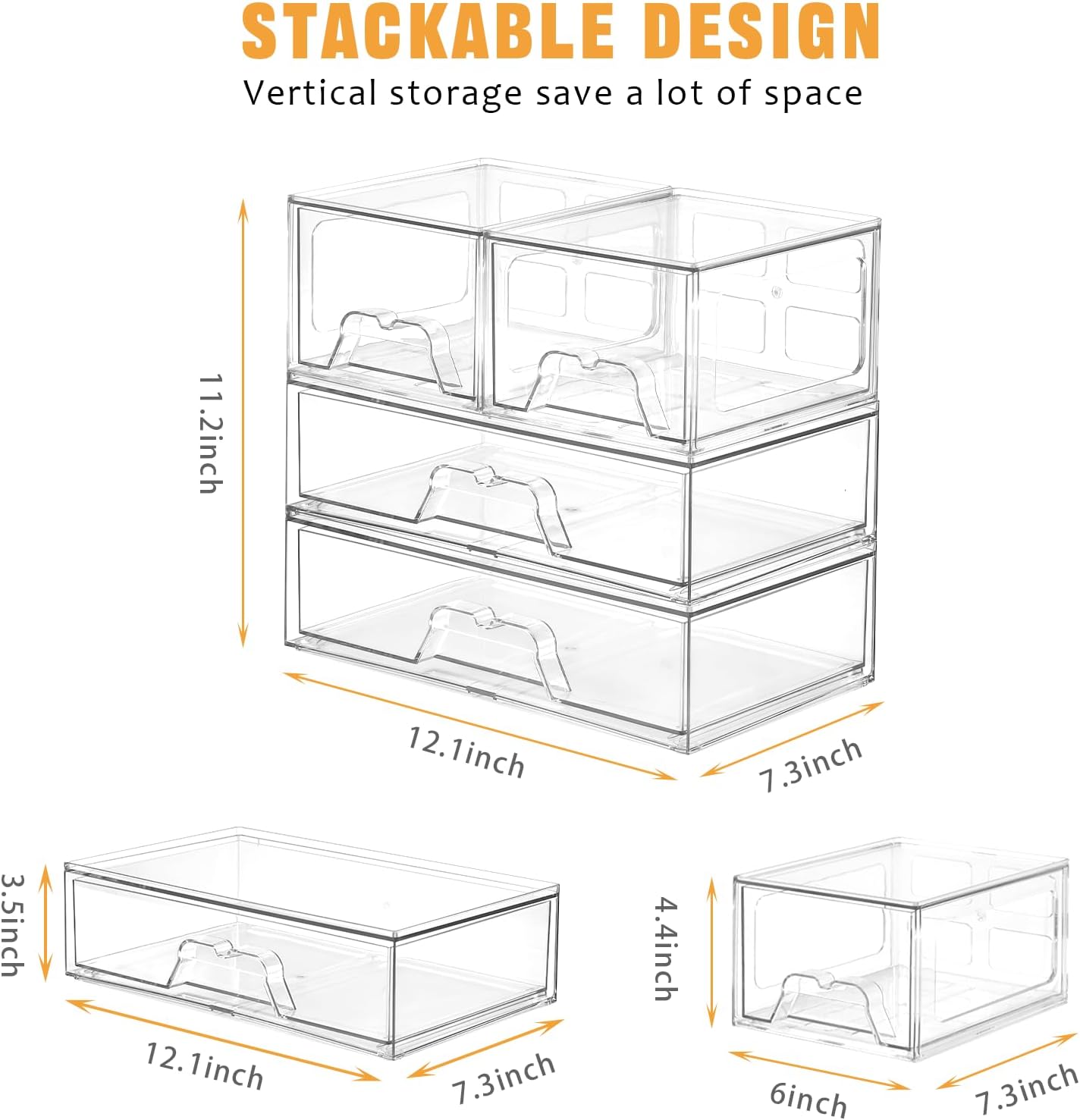 4 Pack Stackable Storage Drawers Clear Acrylic Organizer Bathroom Makeup Organizer and Storage for Beauty Supplies,Ideal for Vanity, Bathroom,Cabinet,Pantry Organization