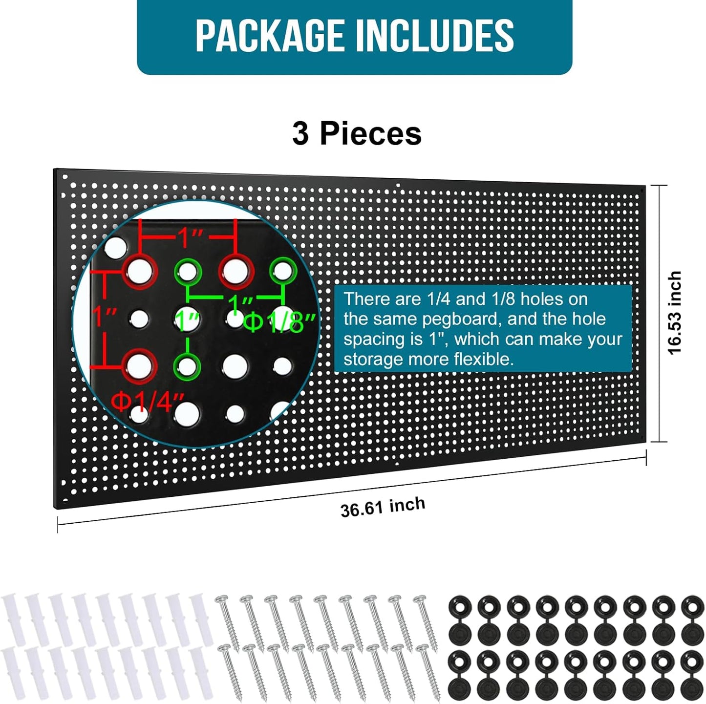 Peg Board, 3 Pack 16-Inch X 36-Inch Heavy Duty Steel Pegboard,Heavy Duty Black Pegboard for Walls, Garage, Workbench, Craft Room Tool Organization, Metal Pegboard Panels(Black)