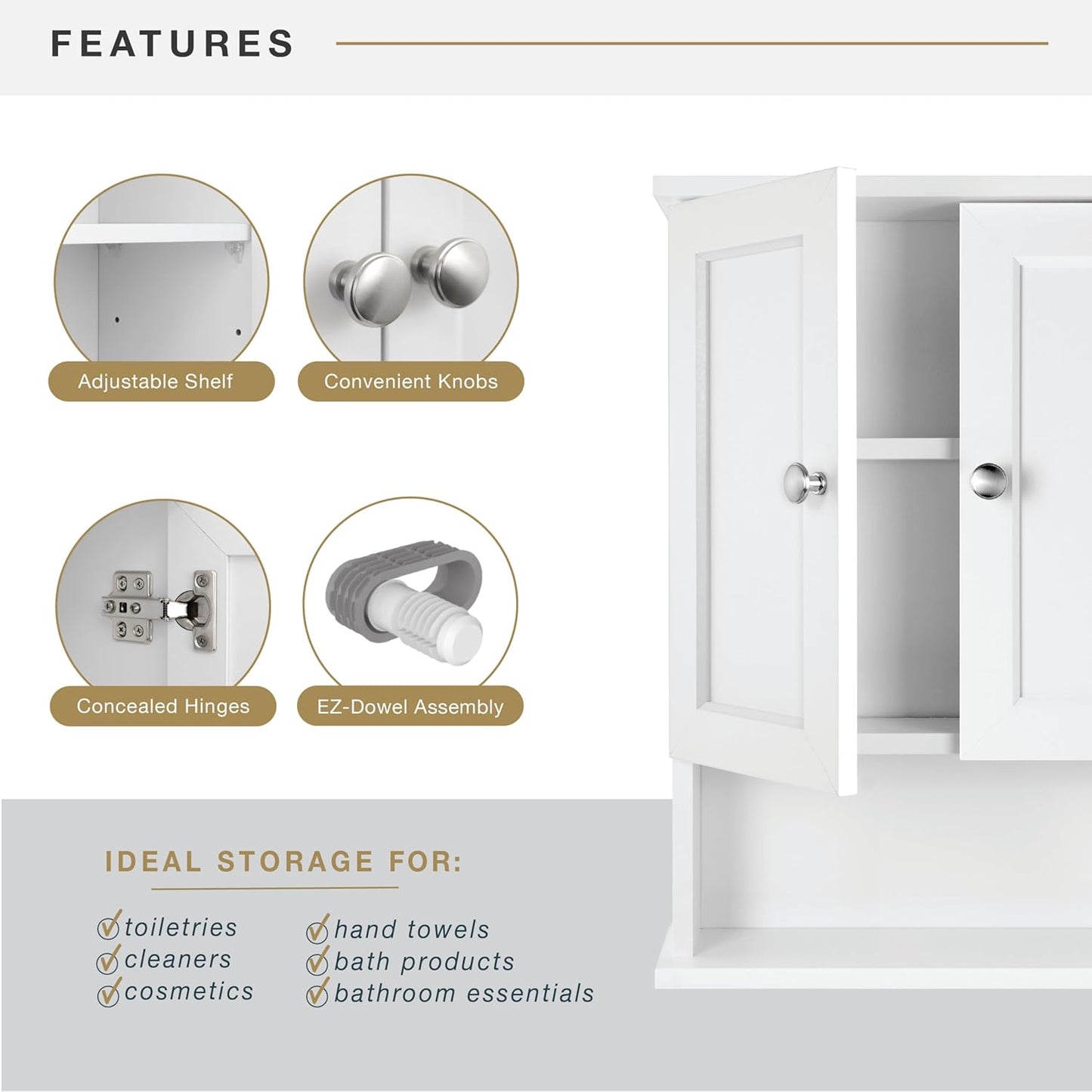 MCS 23x18 White Medicine Cabinet Organizer, Wall Mounted 2-Door Bathroom Cabinet for Over-The-Toilet Storage, Bathroom Furniture & Restroom Organizer