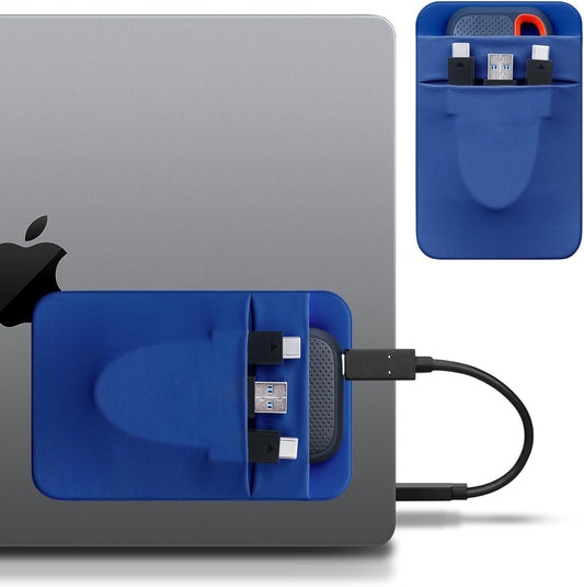 Lacdo Portable Hard Drive Sleeve for Laptop, 2-Pocket Stick on Pouch with Reusable Adhesive, for SanDisk, Samsung, Crucial, Portable External Solid State Drive SSD Hard Drive Carrying Case, Blue