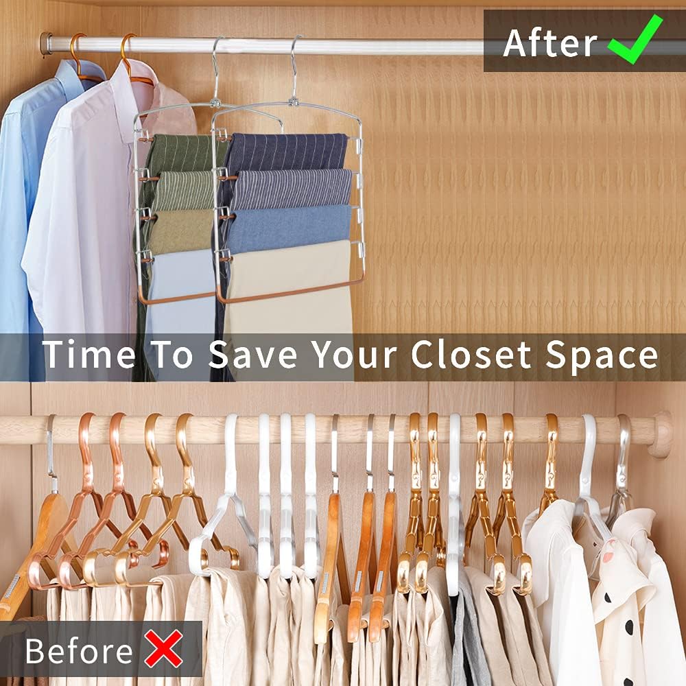 FeeraHozer Pants Hangers Non Slip 3 Pack Space Saving Hangers Multi-Layer Swing Arm Stainless Steel Space Saver Rack for Jeans Scarf Trouser Clothes (Gold)