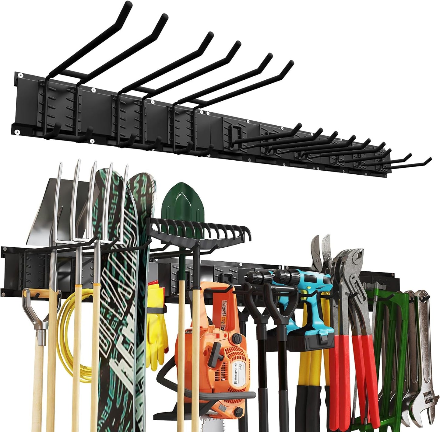 48 Inches Garage Organization,Wall Mount Garden Tool Organizer, 660lbs Adjustable Heavy Duty Metal Hanging Hooks, Garden Tool Hangers Storage Rack for Garage, Yard, and Shed (3 Racks, 9 Hooks)
