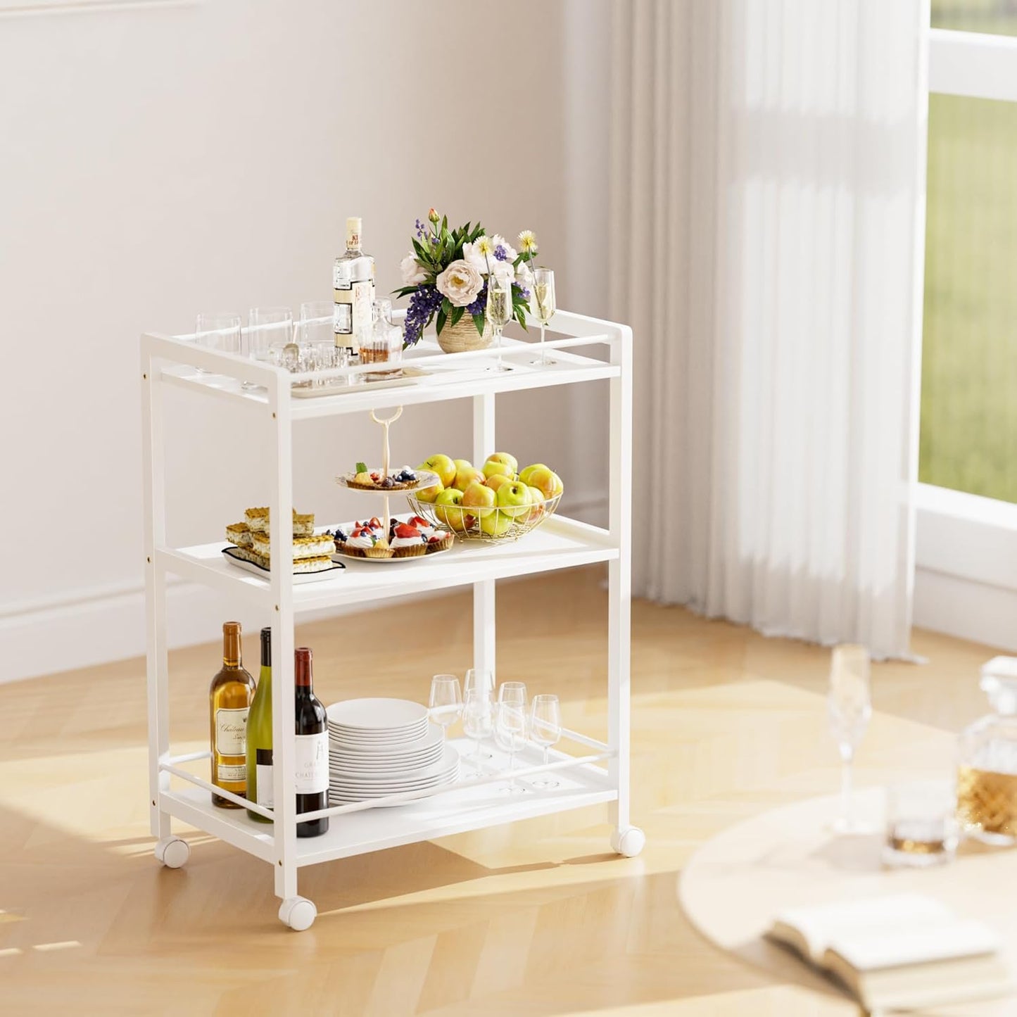 HITNET White Bar Cart, Home Bar Serving Cart, Kitchen Trolley on Wheels with Storage, 3 Tier Rolling Beverage Cart for Living Room Kitchen Home Office