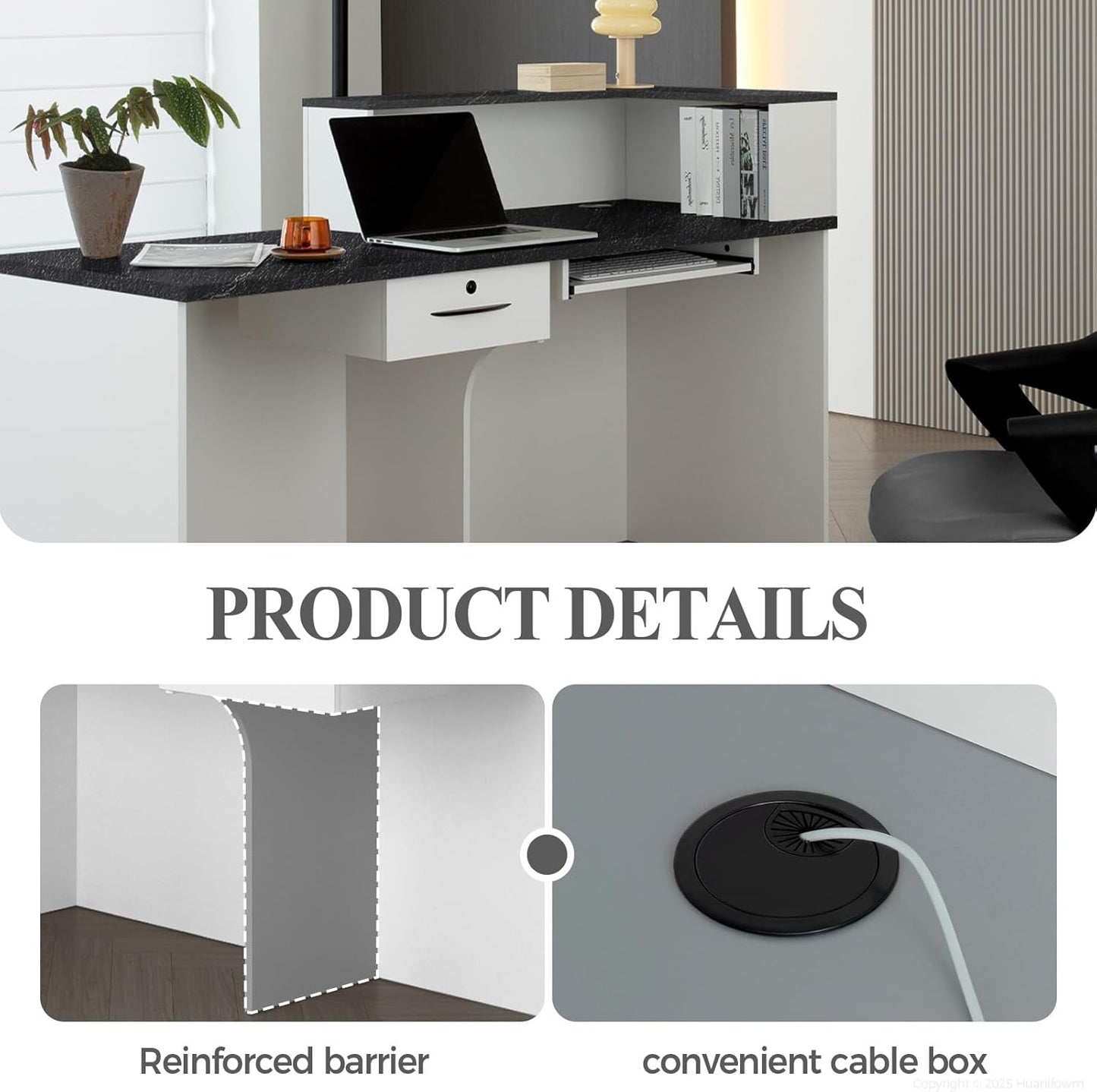 L Shape Reception Desk with Counter, Lockable Drawer, Keyboard Tray, and Double-Layer Storage for Salon, Office, or Clinic (White+Black/Right, 71" L*24" W*39" H)