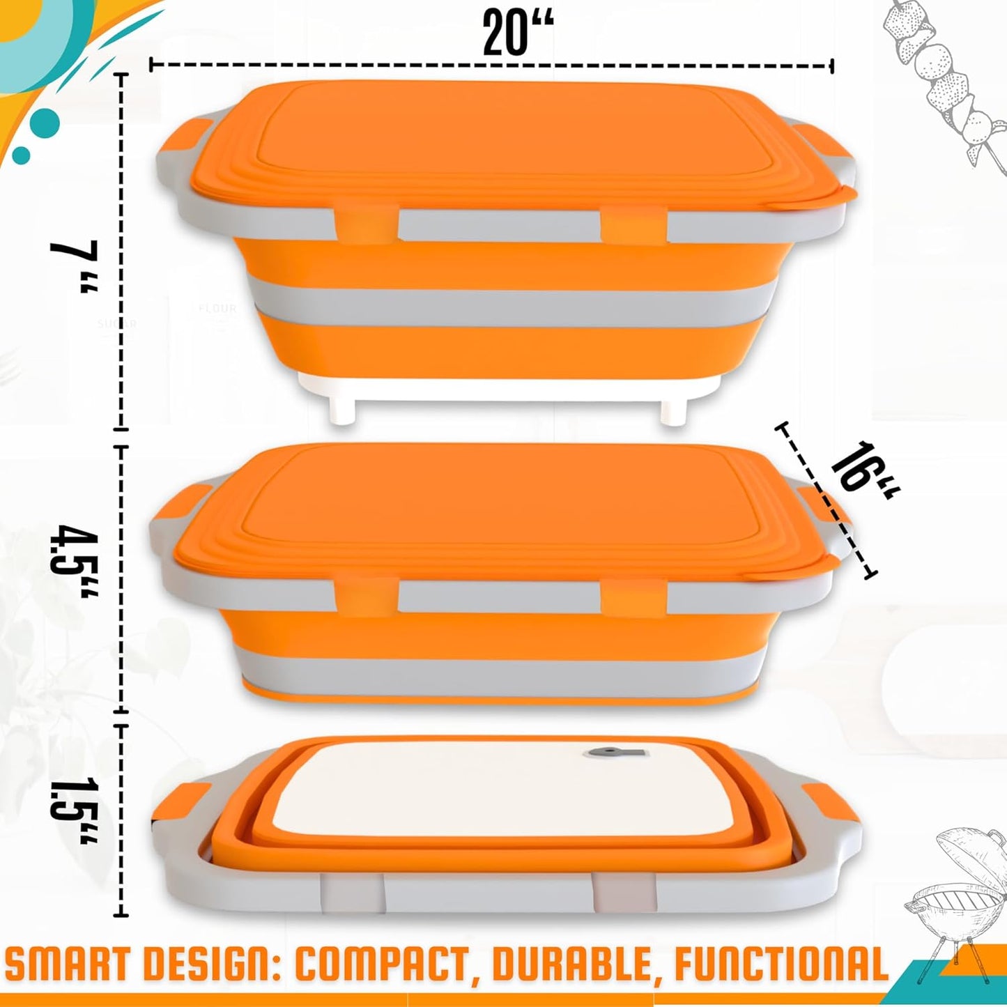 MAYALEAD BBQ Prep Tub with 2 Pcs Meat Shredder Claws, Collapsible Cutting Board, Cutting Board with Locking Lids, Drip Easy BBQ Prep Tub with lid-XL Size (Orange)